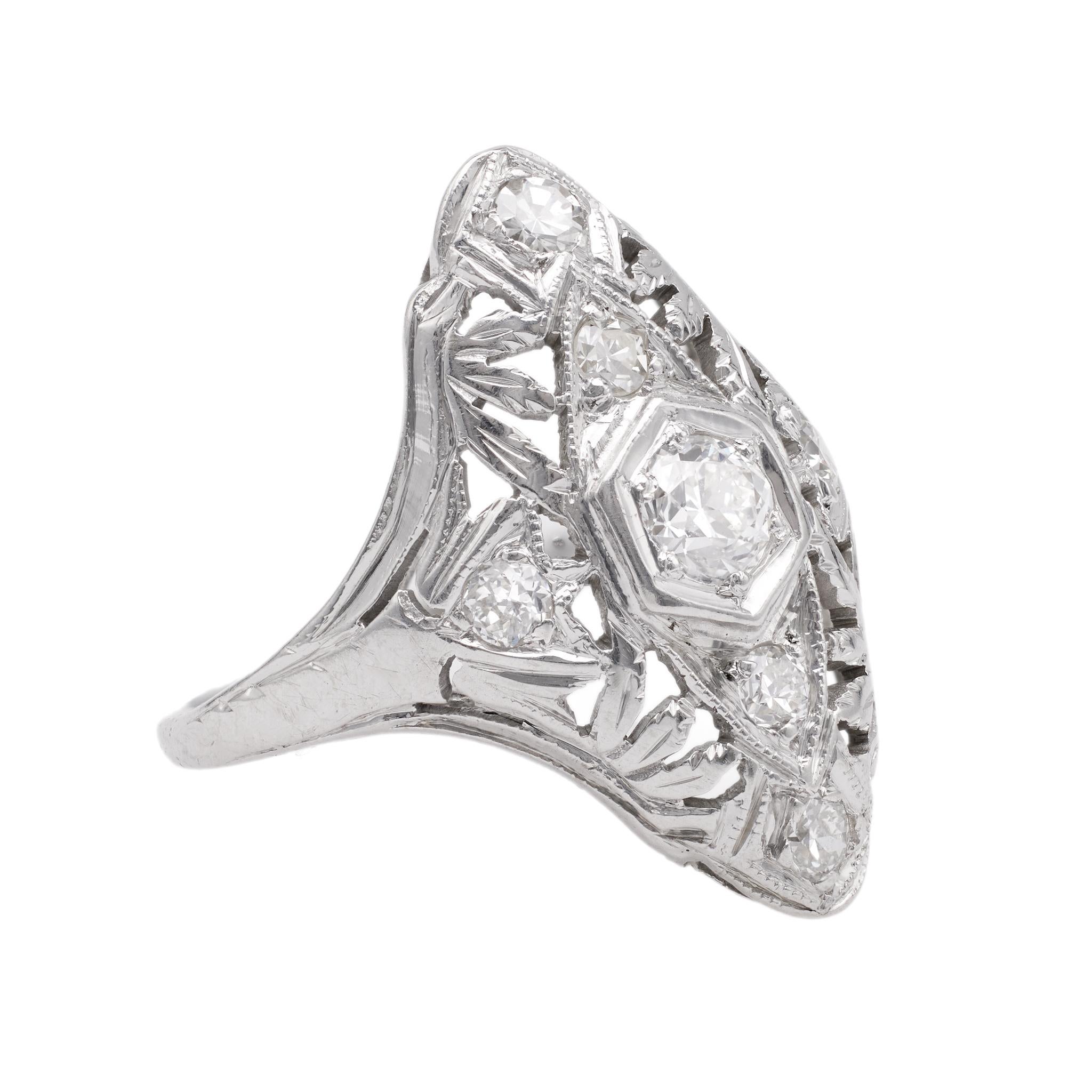 Women's or Men's Art Deco Diamond 18k White Gold Navette Ring For Sale