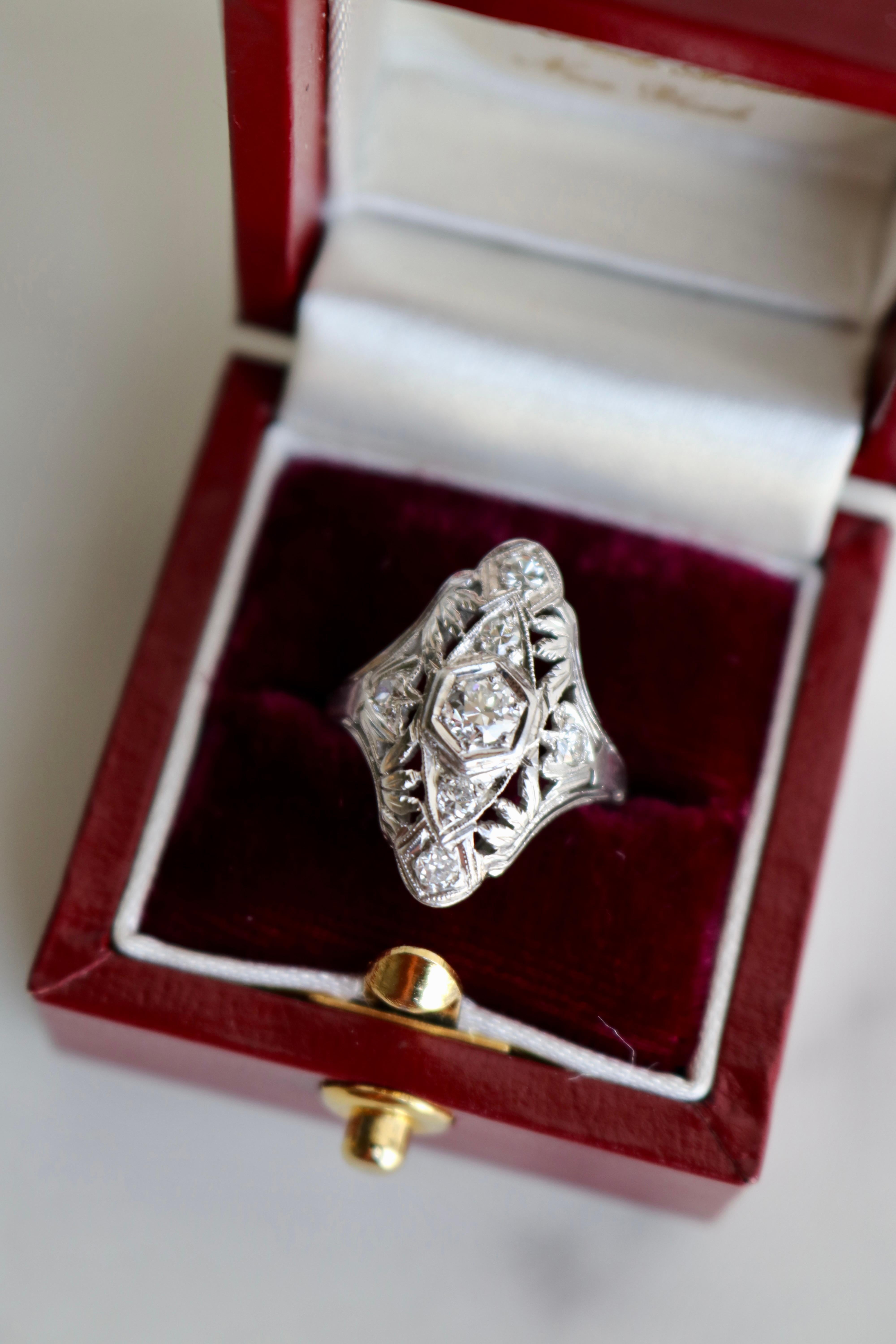 Art Deco Diamond 18k White Gold Navette Ring For Sale 1
