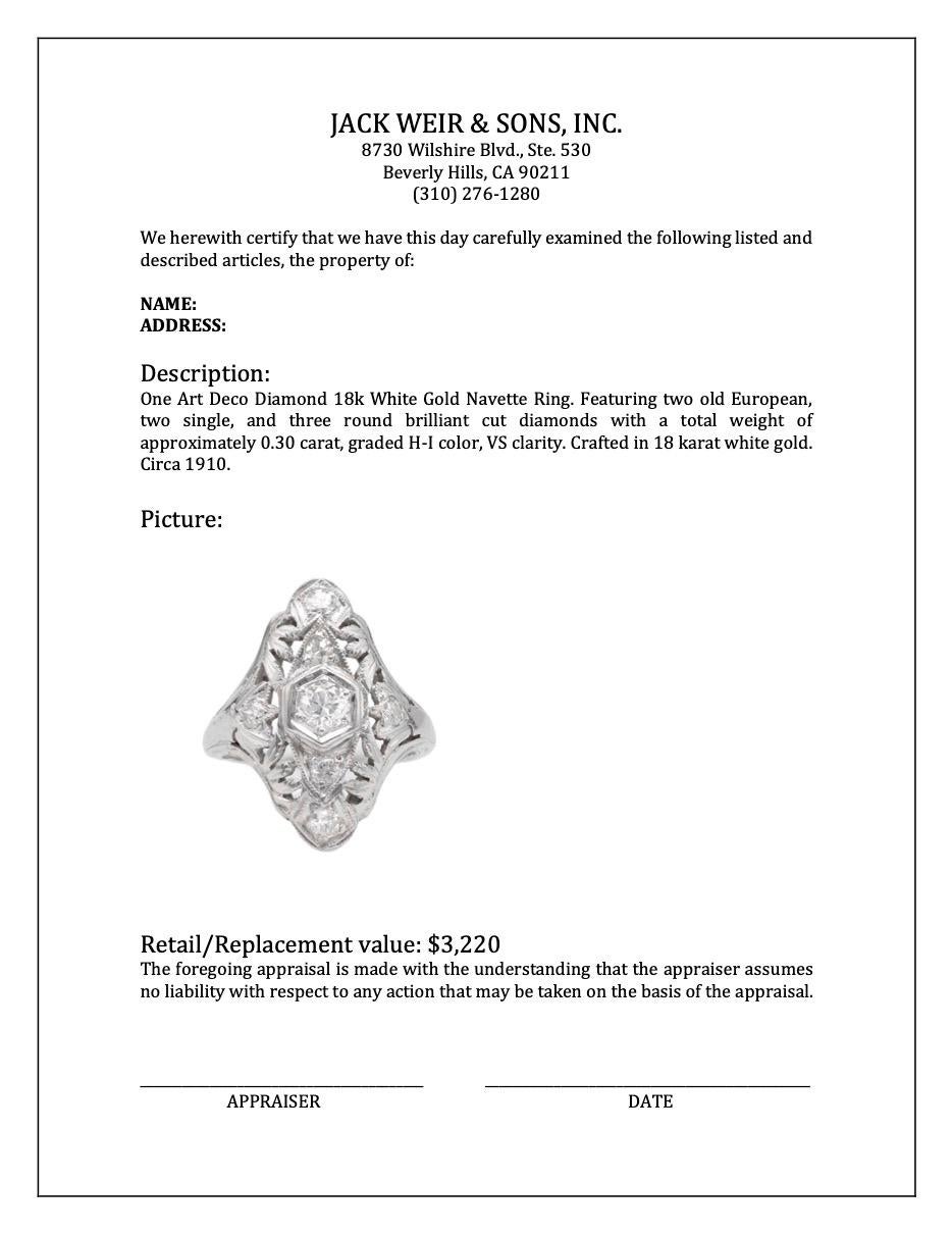 Art Deco Diamond 18k White Gold Navette Ring For Sale 2