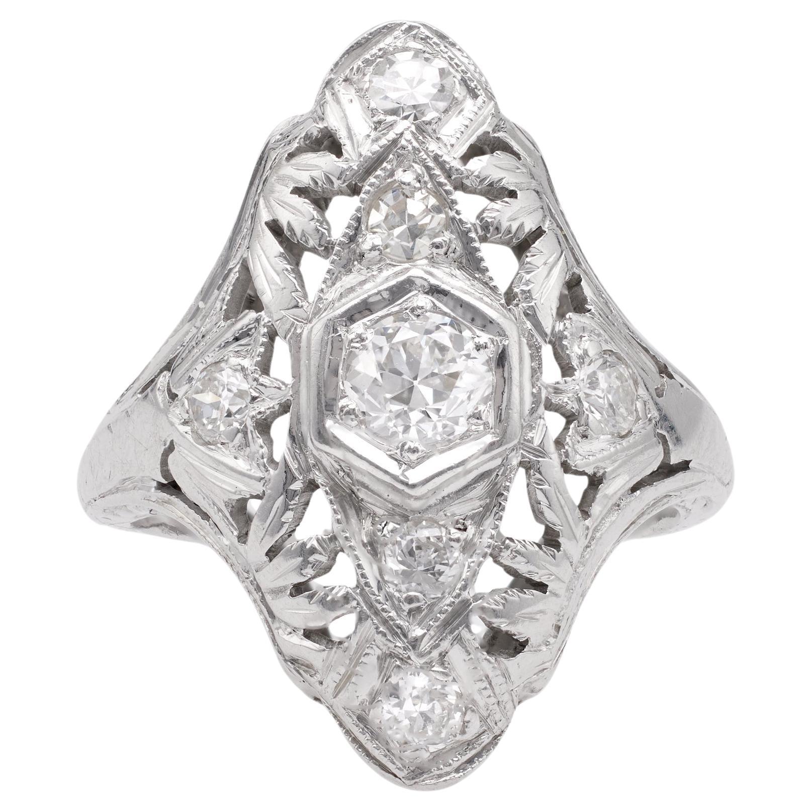 Art Deco Diamond 18k White Gold Navette Ring For Sale