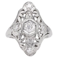 Antique Art Deco Diamond 18k White Gold Navette Ring