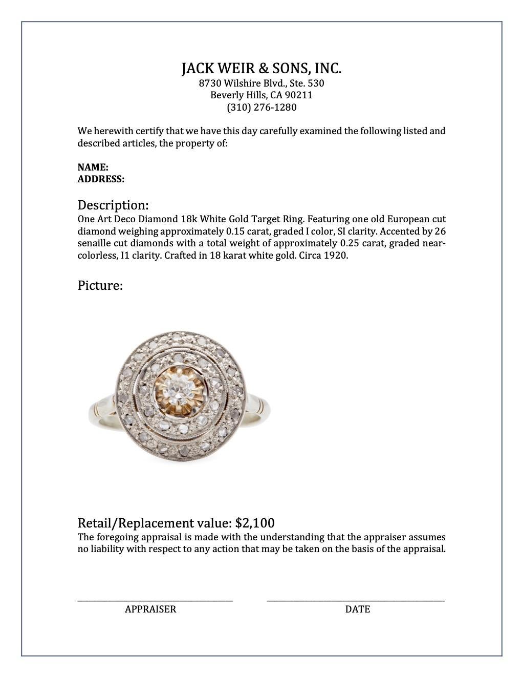Art Deco Diamond 18k White Gold Target Ring 1