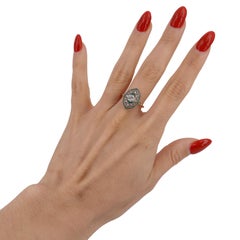 Art Deco Diamond 18kt Gold Platinum Filigree Ring with Diamonds and Emeralds
