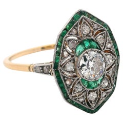Art Deco Diamond 18kt Gold Platinum Filigree Ring with Diamonds and Emeralds