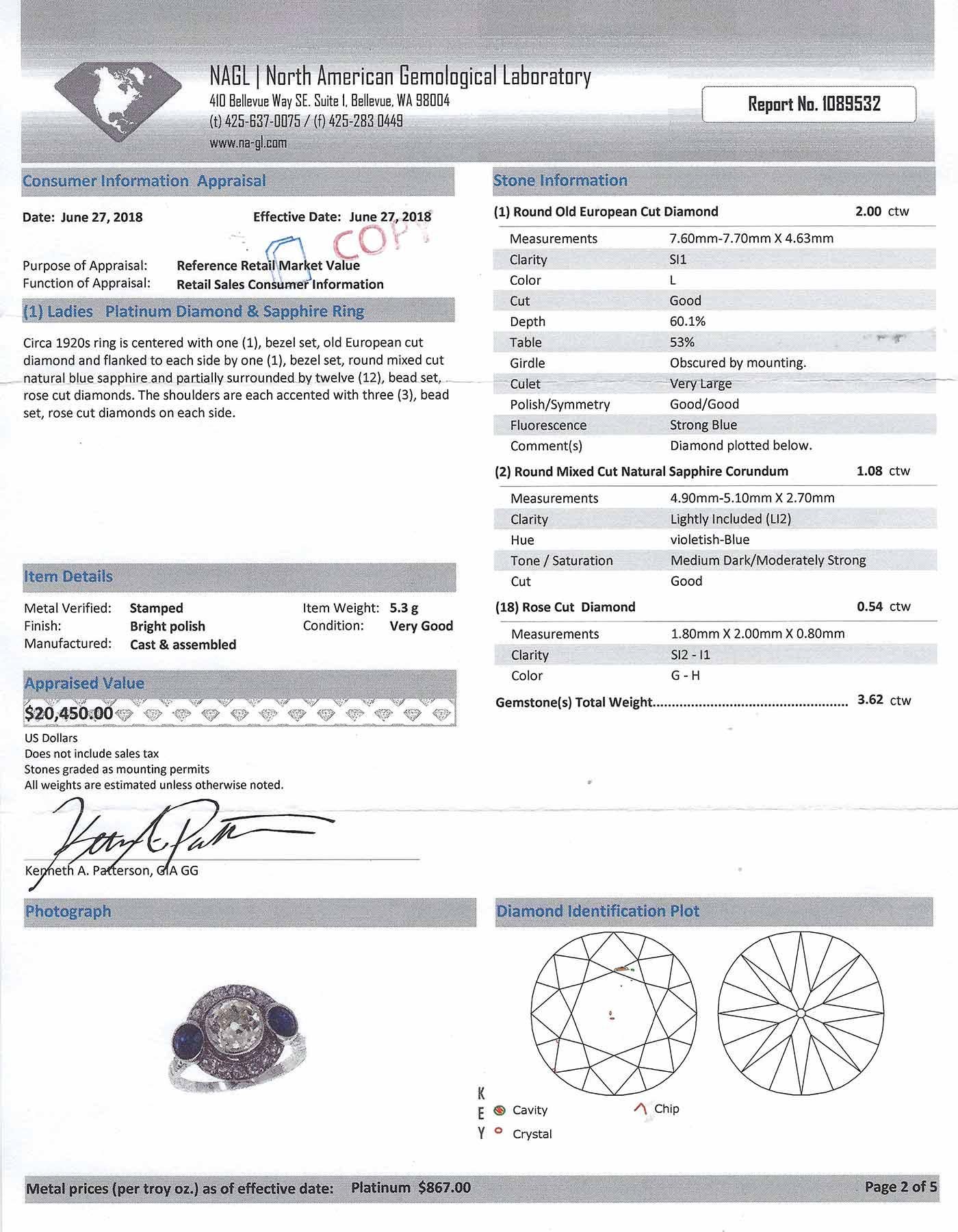 Art Deco Diamond 2 Blue Sapphire Platinum 3-Stone Engagement Ring Appraisal In Good Condition In Santa Barbara, CA