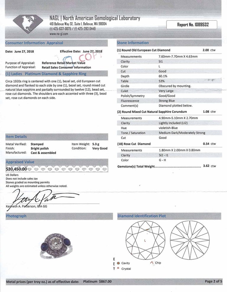 Art Deco Diamond 2 Blue Sapphire Platinum 3Stone Engagement Ring