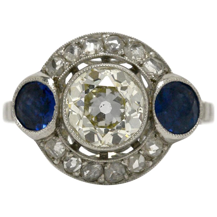Art Deco Diamond 2 Blue Sapphire Platinum 3-Stone Engagement Ring Appraisal