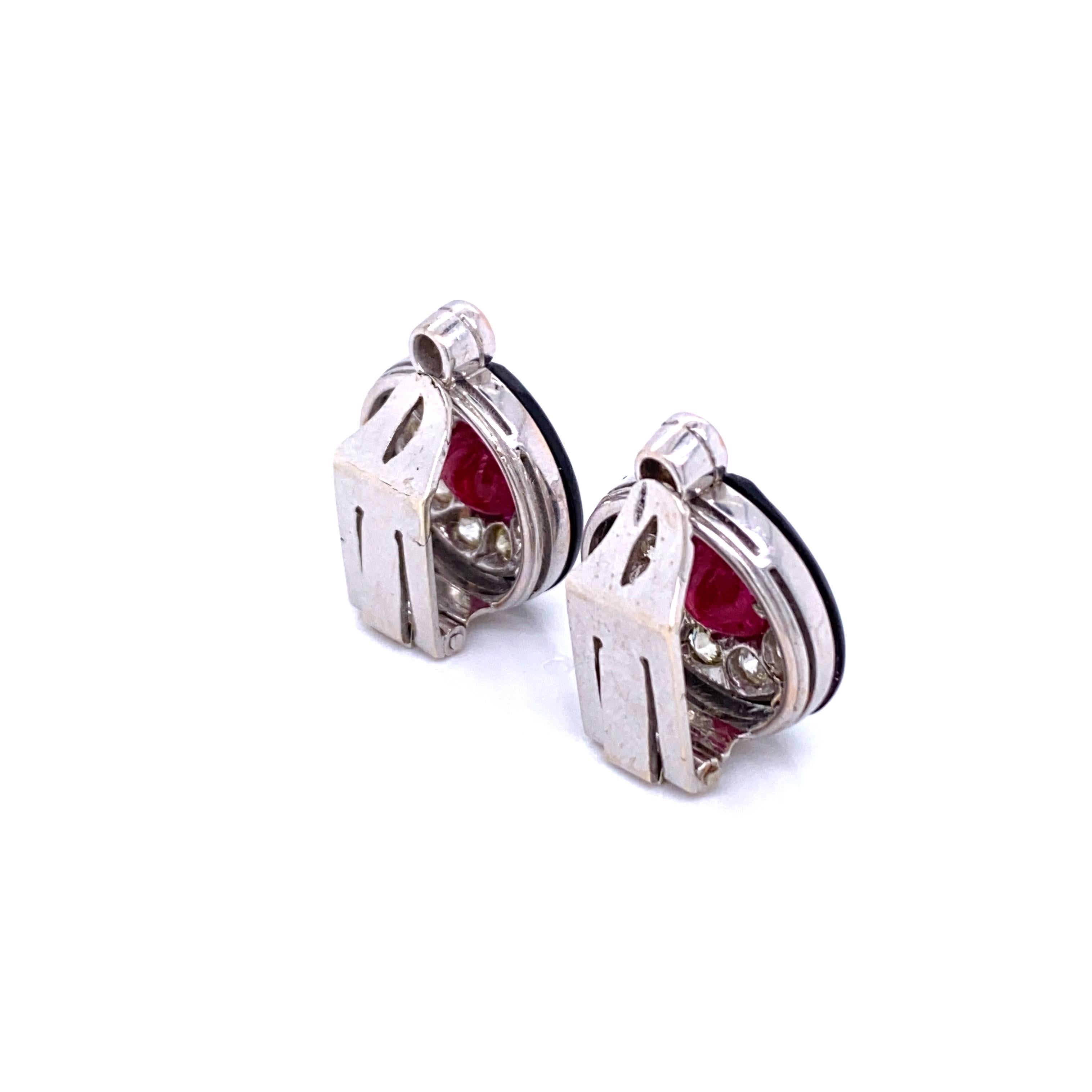 Art Deco Diamond 2.50 Carat Ruby Onyx Gold Cluster Earrings 6