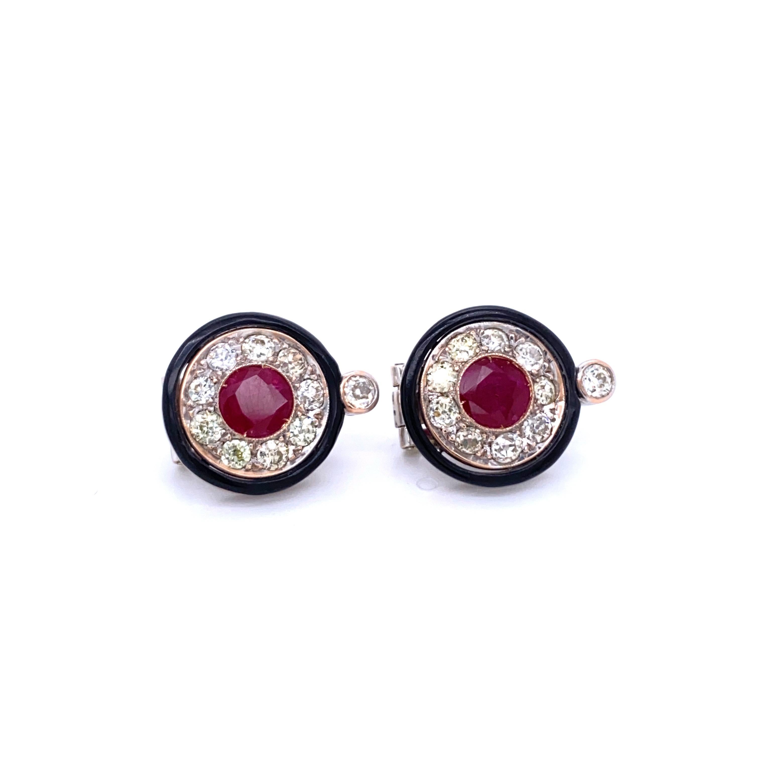Women's Art Deco Diamond 2.50 Carat Ruby Onyx Gold Cluster Earrings