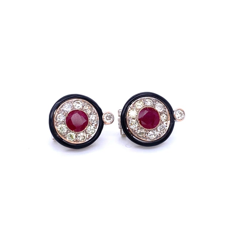 Art Deco Diamond 2.50 Carat Ruby Onyx Gold Cluster Earrings at 1stDibs