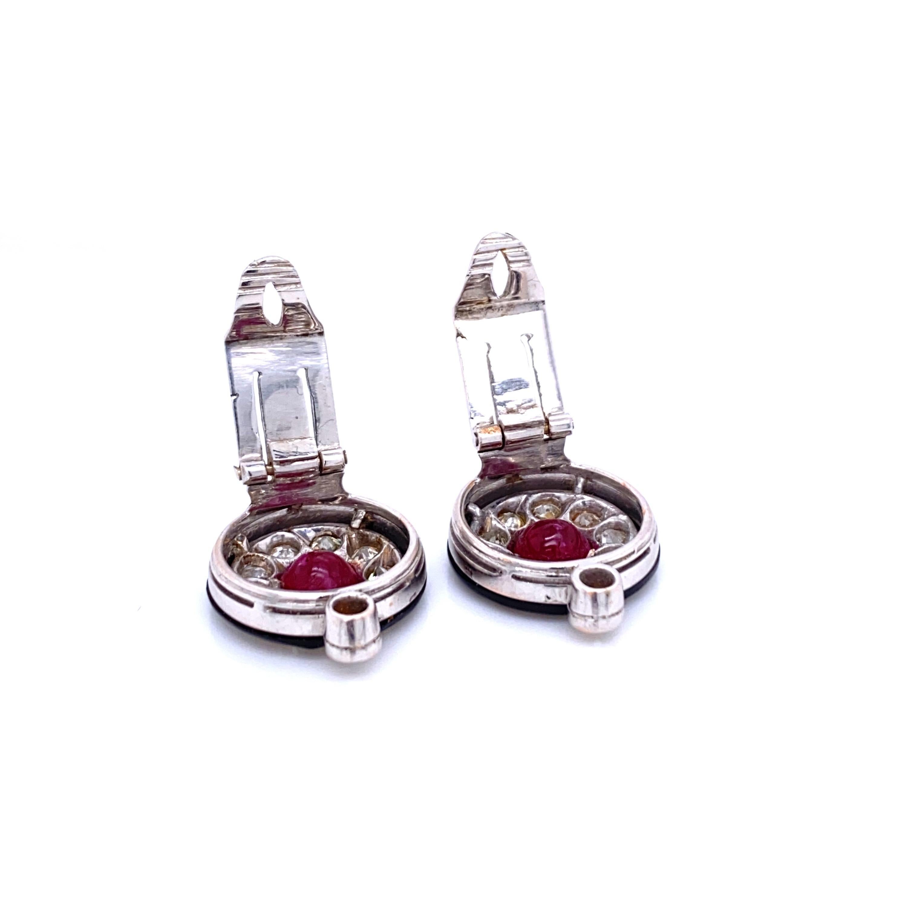 Art Deco Diamond 2.50 Carat Ruby Onyx Gold Cluster Earrings 5