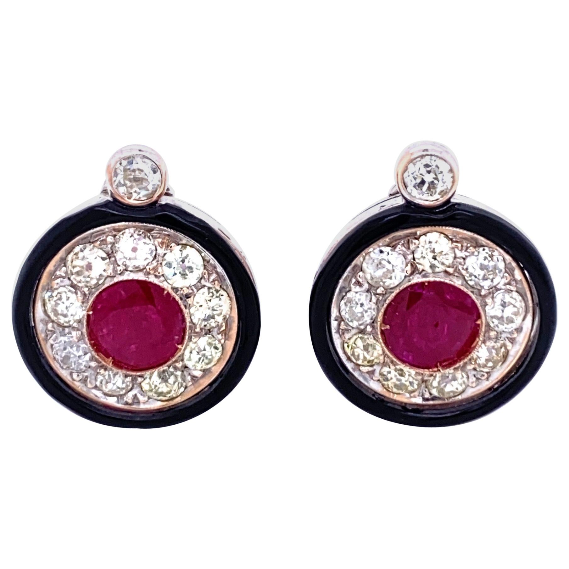 Art Deco Diamond 2.50 Carat Ruby Onyx Gold Cluster Earrings