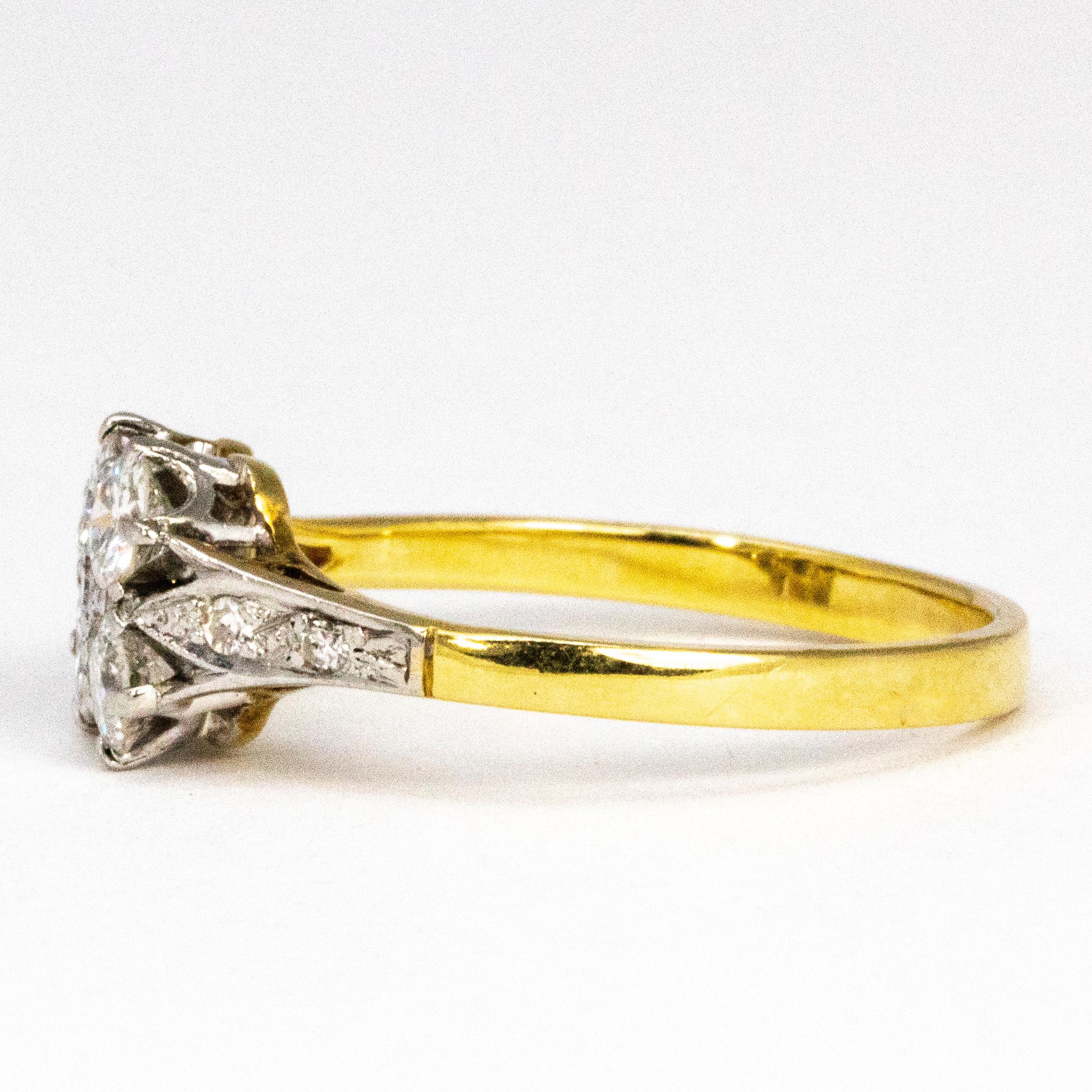 Art Deco Diamond and 18 Carat Gold Four-Stone Ring with Diamond Shoulders In Good Condition In Chipping Campden, GB