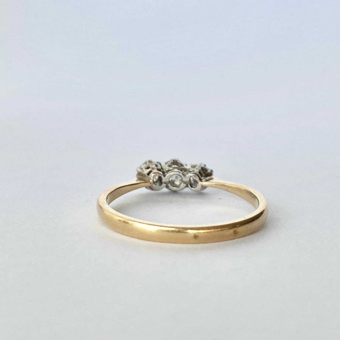 Old European Cut Art Deco Diamond and 18 Carat Gold Three-Stone Ring For Sale