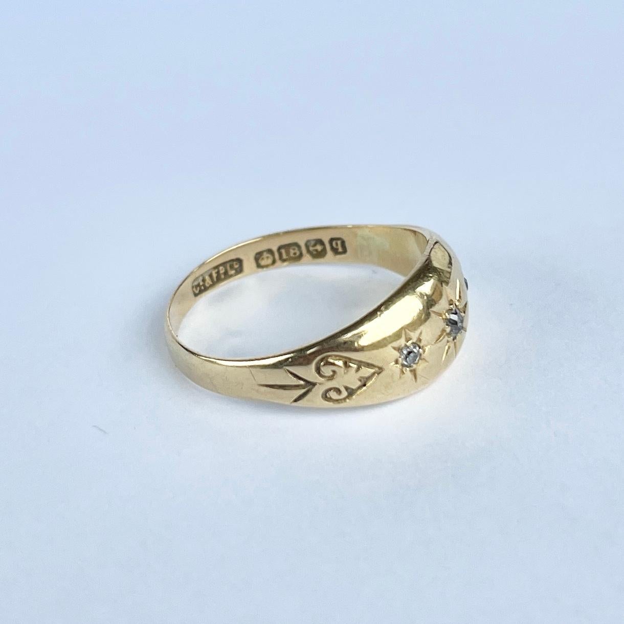 Women's or Men's Art Deco Diamond and 18 Carat Gold Three-Stone Star Setting Band For Sale