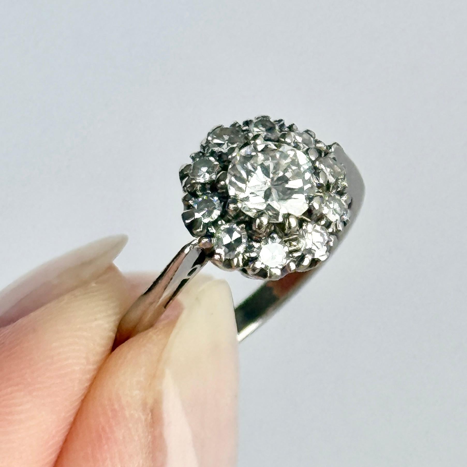 Round Cut Art Deco Diamond and 18 Carat White Gold Cluster Ring For Sale