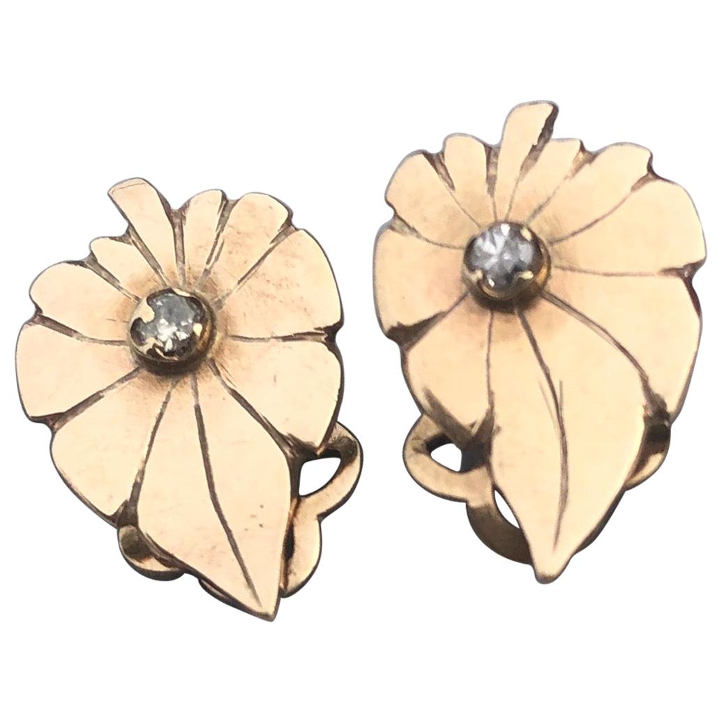 Art Deco Diamond and 9 Carat Gold Leaf Clip-On Earrings
