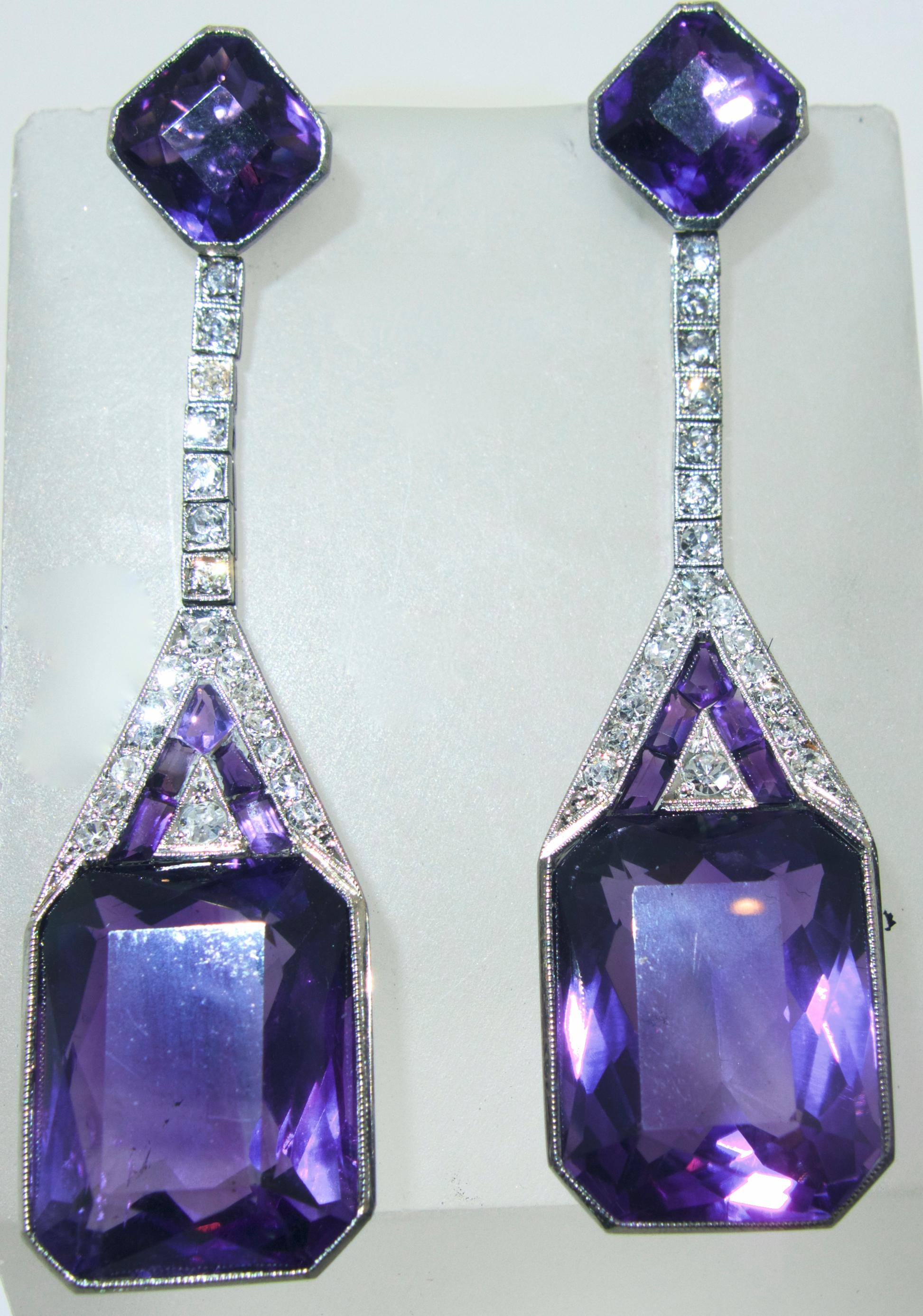 Women's or Men's Art Deco Diamond and Amethyst Platinum Earrings, circa 1930