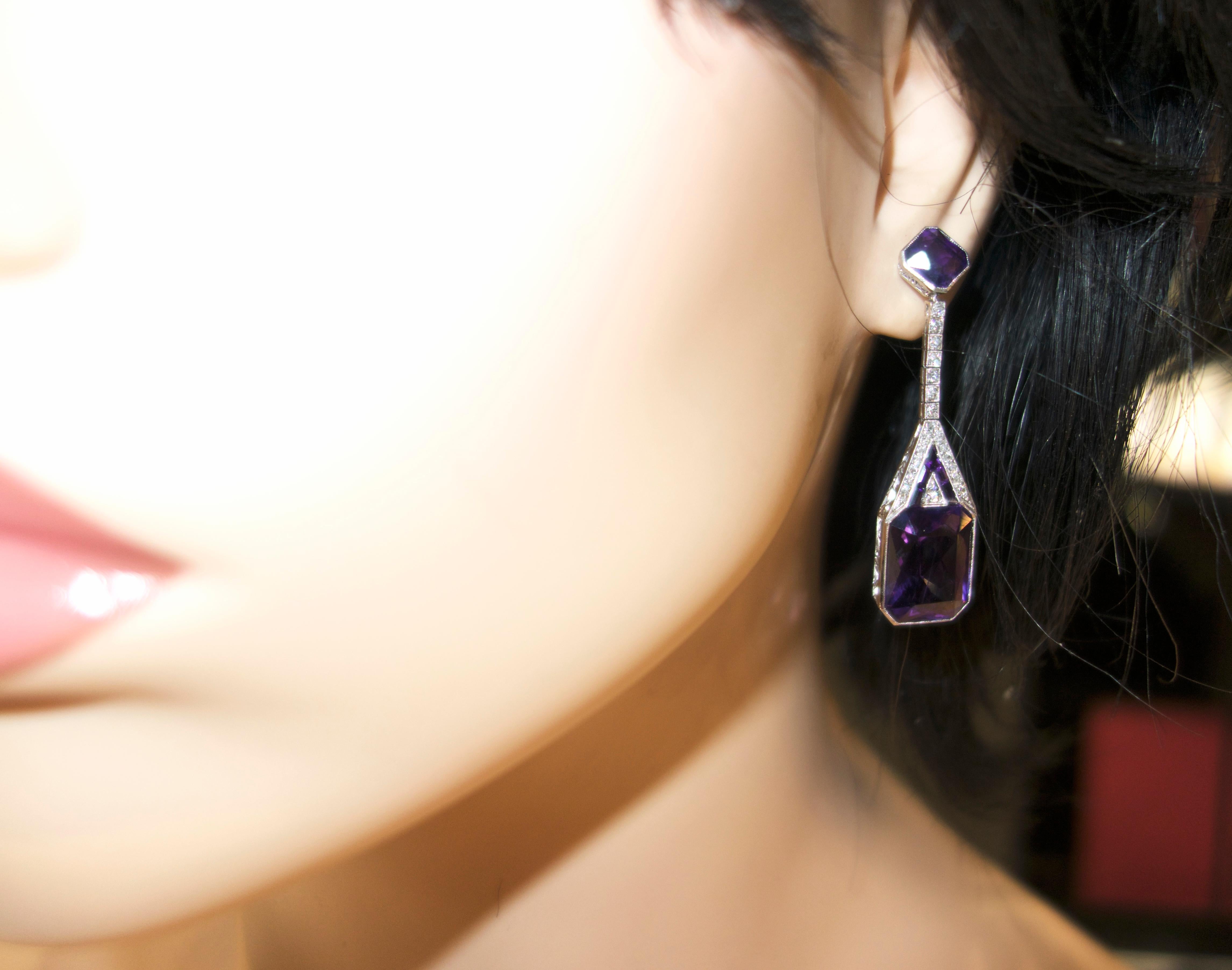 Art Deco Diamond and Amethyst Platinum Earrings, circa 1930 2