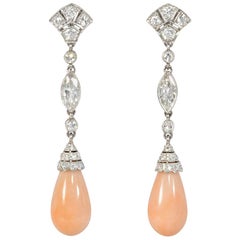 Antique Art Deco Diamond and Angel Skin Coral Drop Pendant Earrings in Platinum