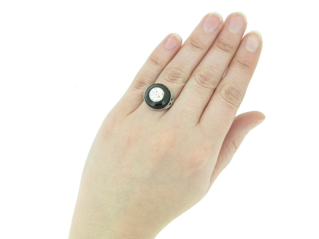 Old European Cut Art Deco diamond and black enamel ring, circa 1925. For Sale