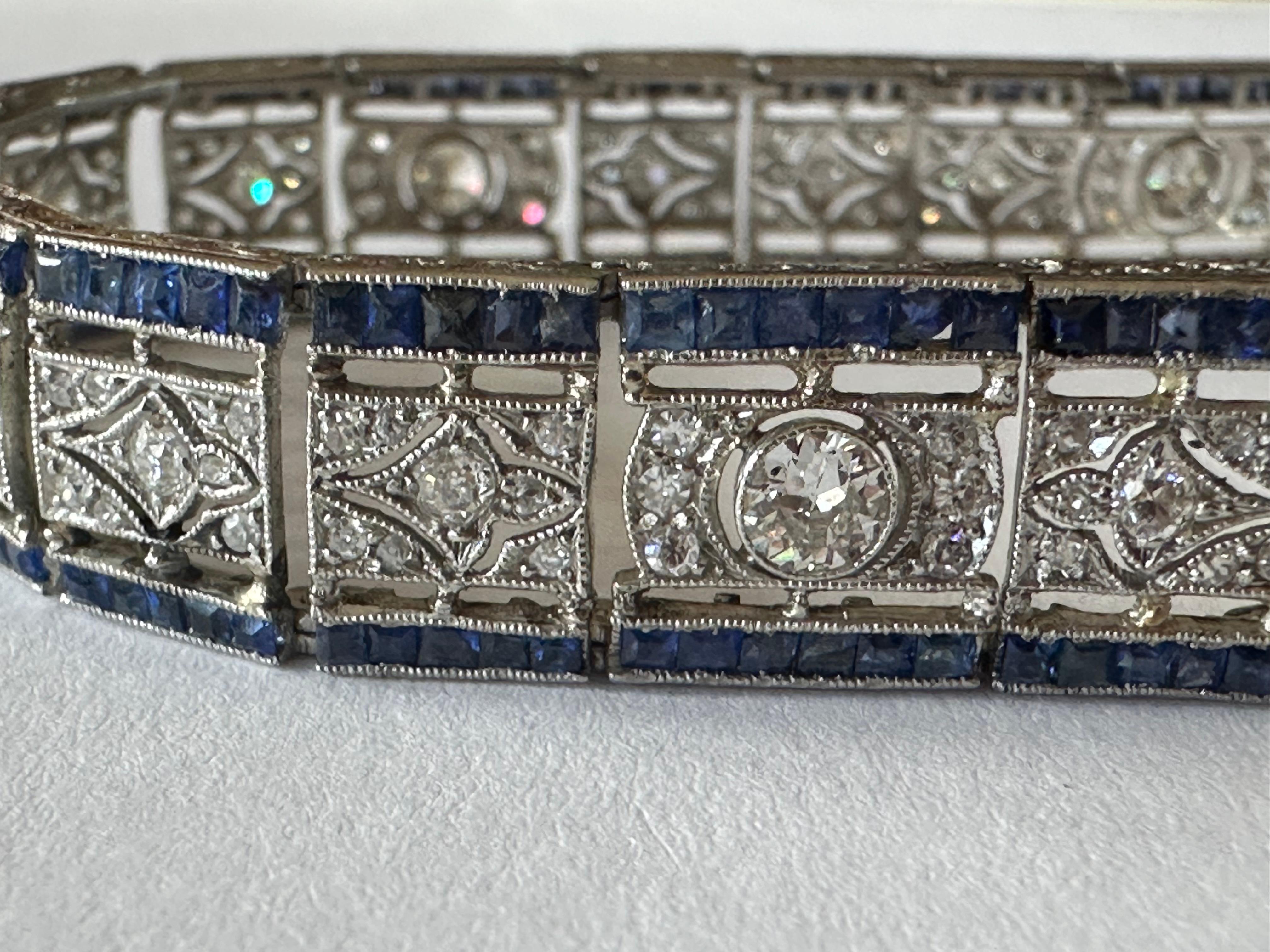 Mixed Cut Art Deco Diamond and Blue Sapphire Bracelet For Sale