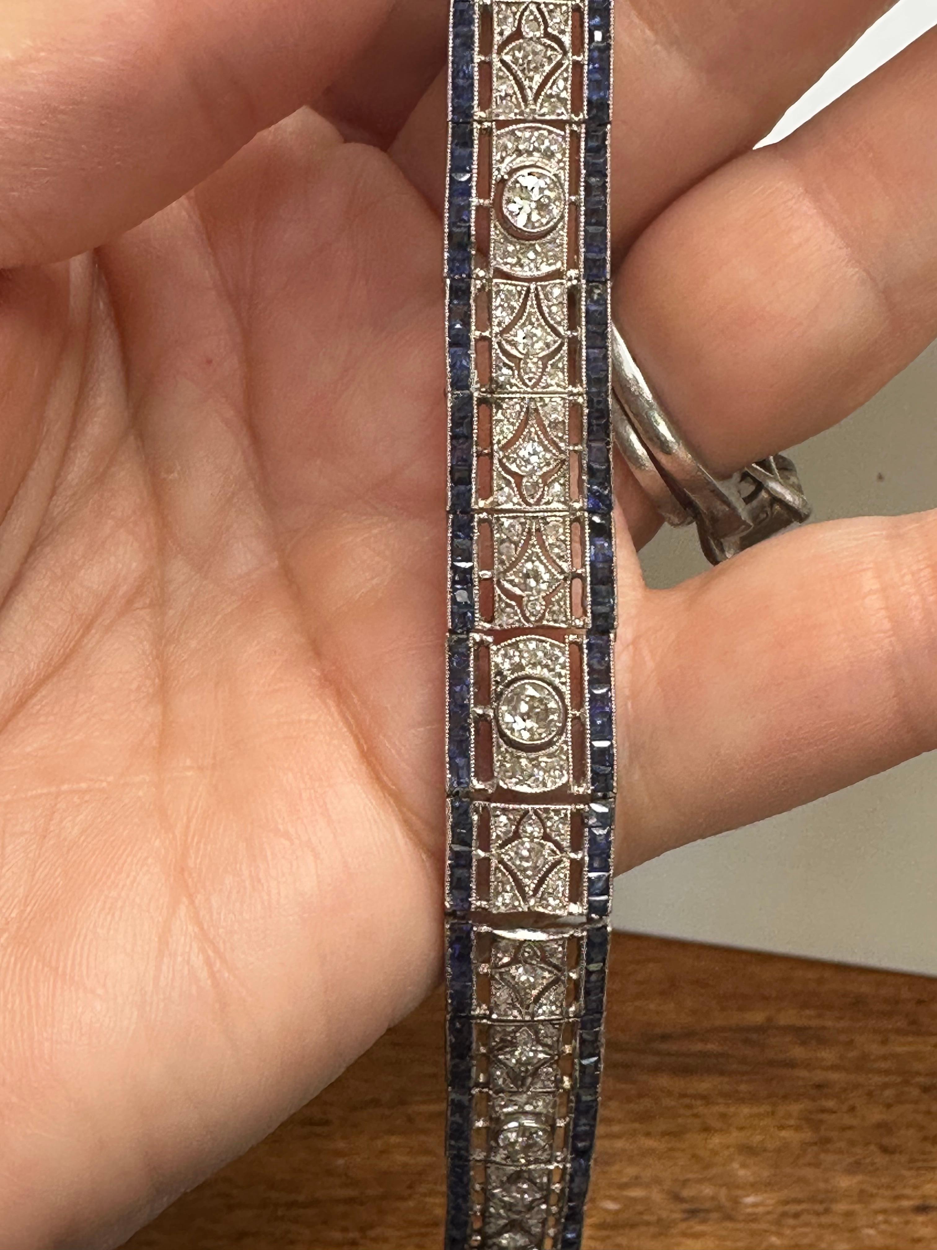 Art Deco Diamond and Blue Sapphire Bracelet For Sale 3