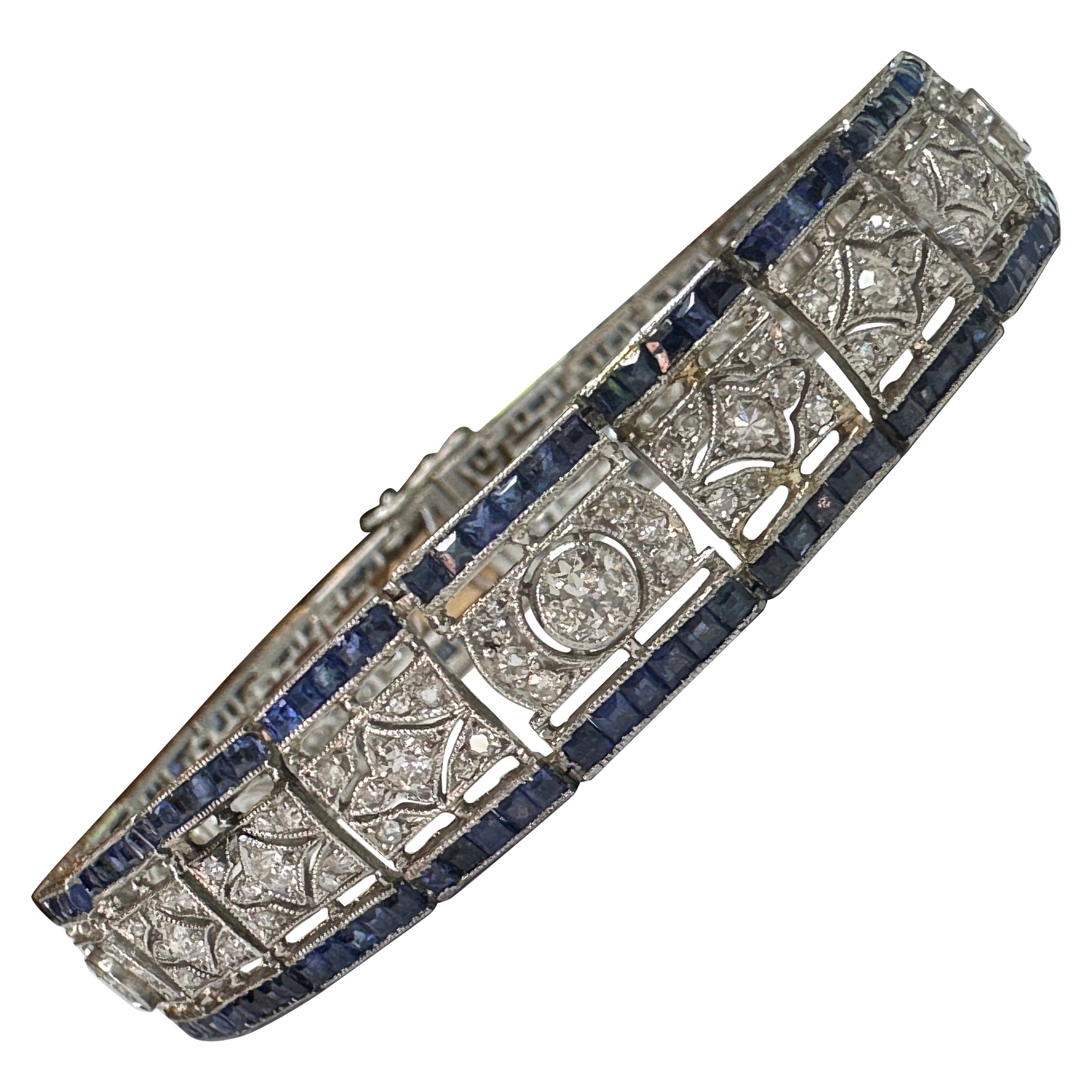 Art Deco Diamond and Blue Sapphire Bracelet For Sale