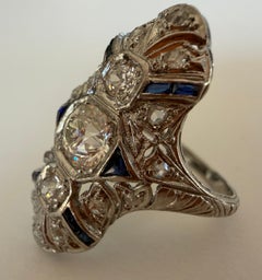 Art Deco Diamant und Blauer Saphir Dinner Ring