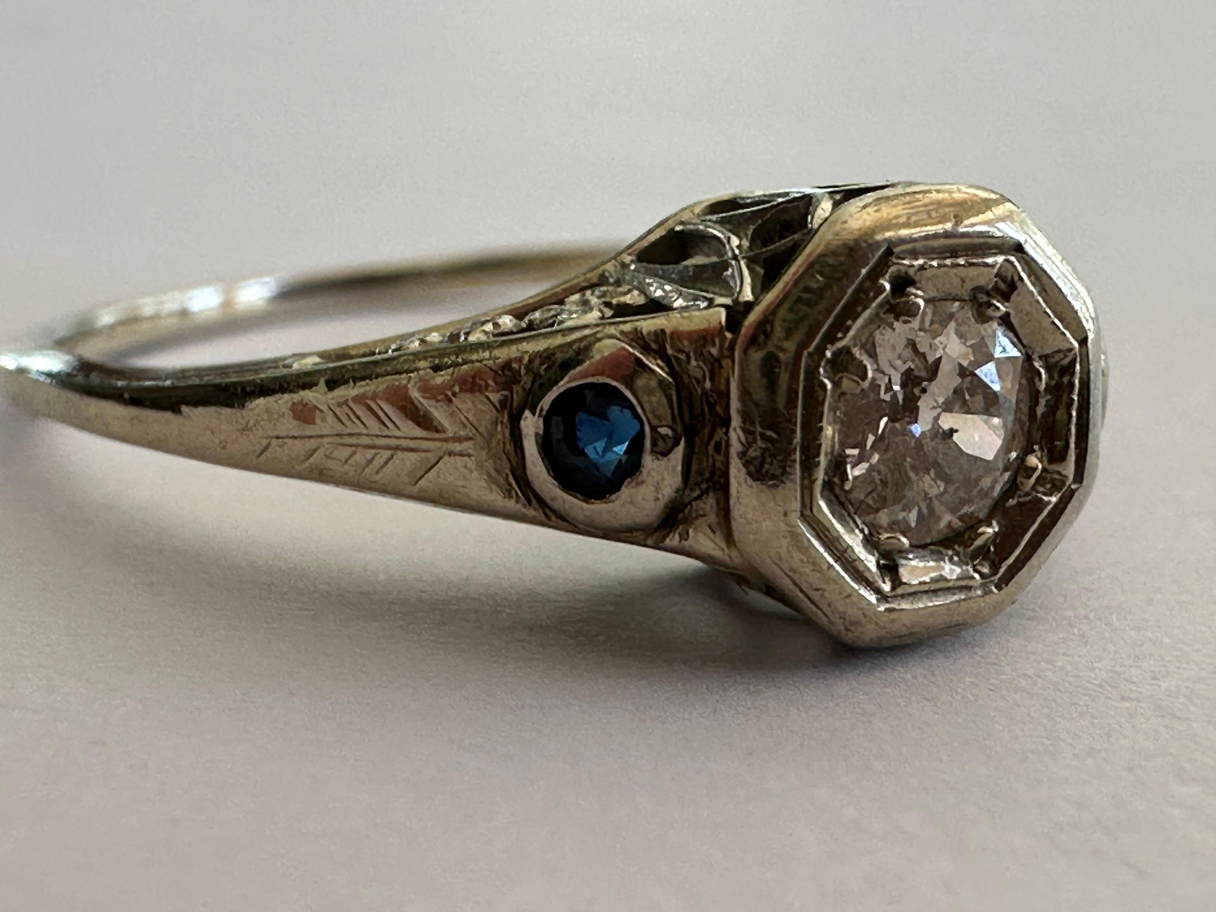 Art Deco Diamond and Blue Sapphire Filigree Engagement Ring  For Sale 1