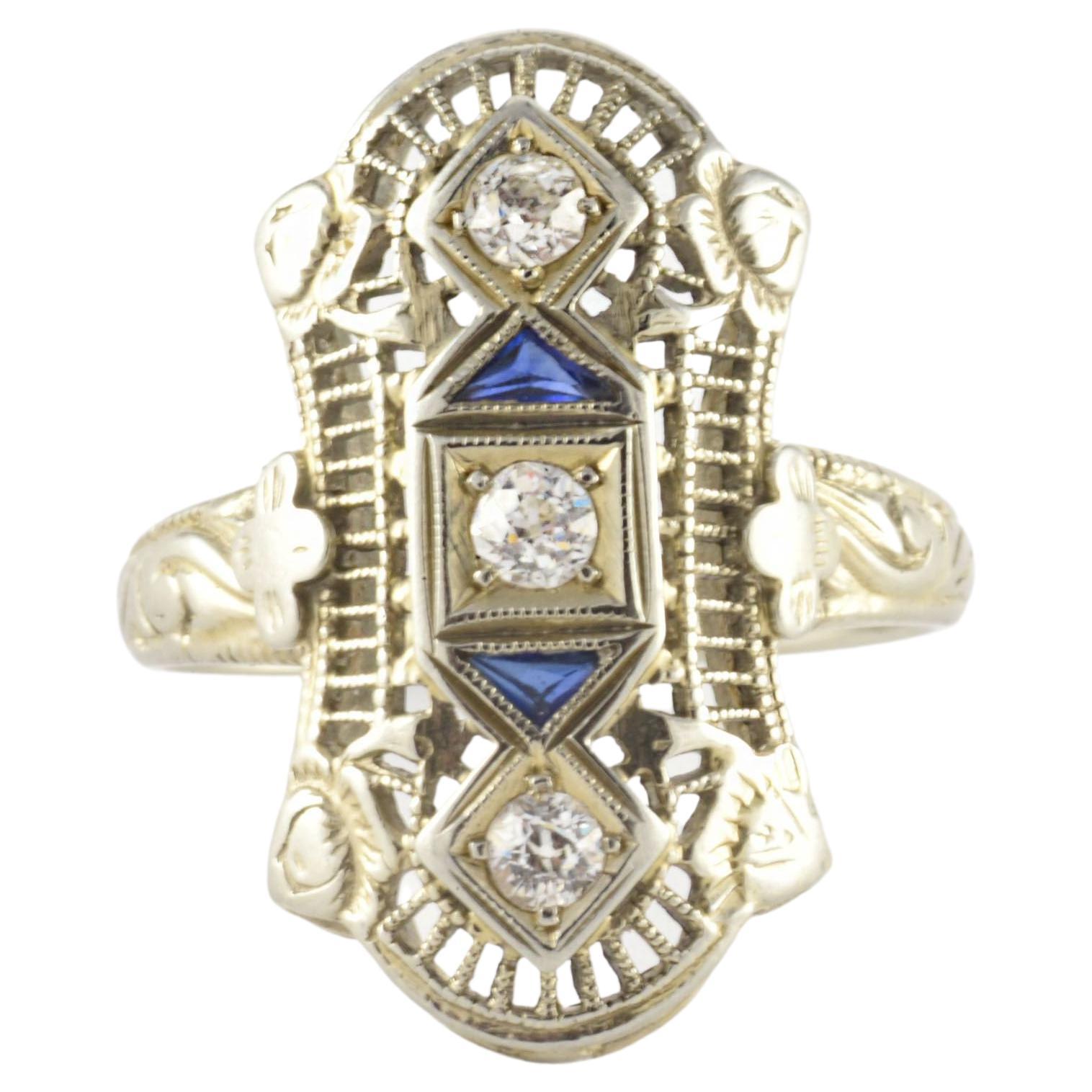 Art Deco Diamond and Blue Sapphire Filigree Navette Ring For Sale