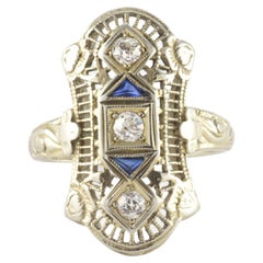 Art Deco Diamond and Blue Sapphire Filigree Navette Ring
