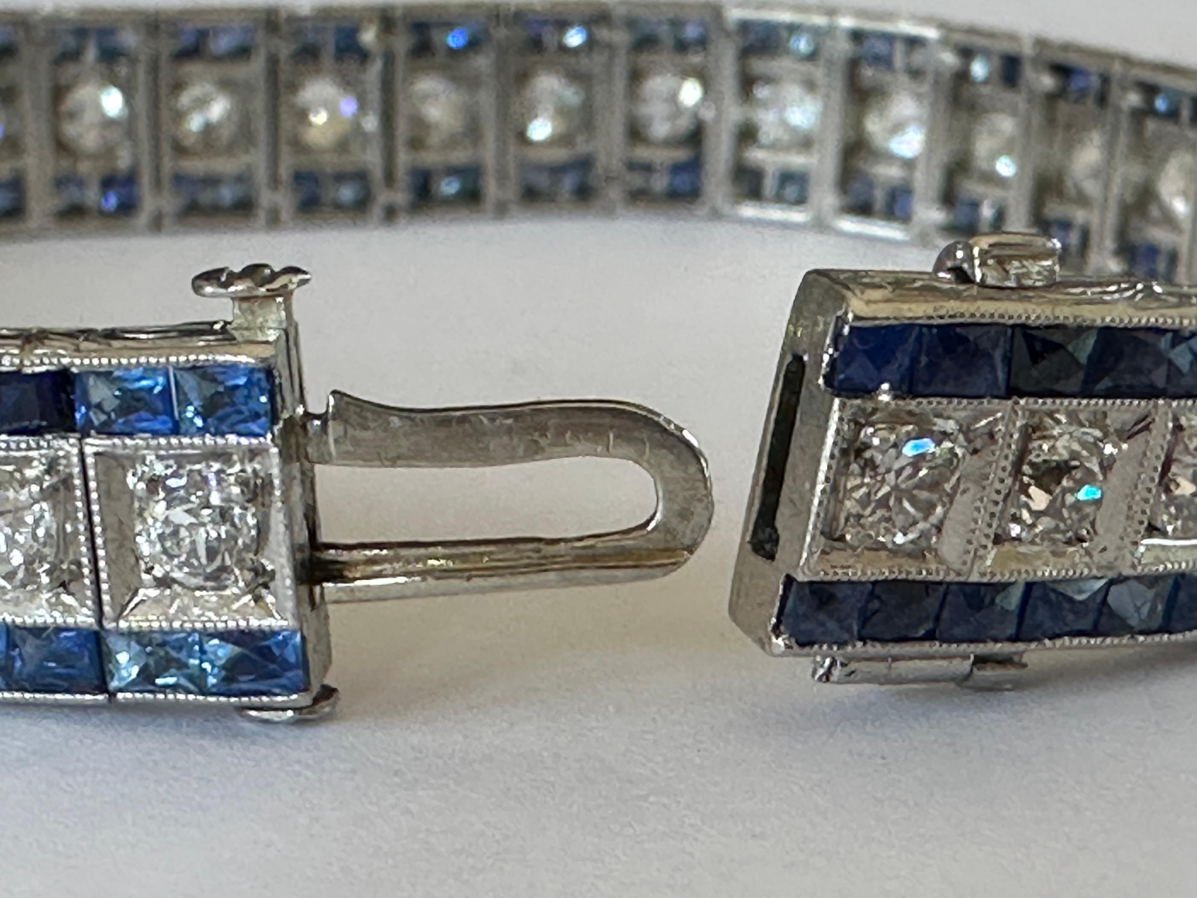 Old European Cut Art Deco Diamond and Blue Sapphire Link Bracelet  For Sale