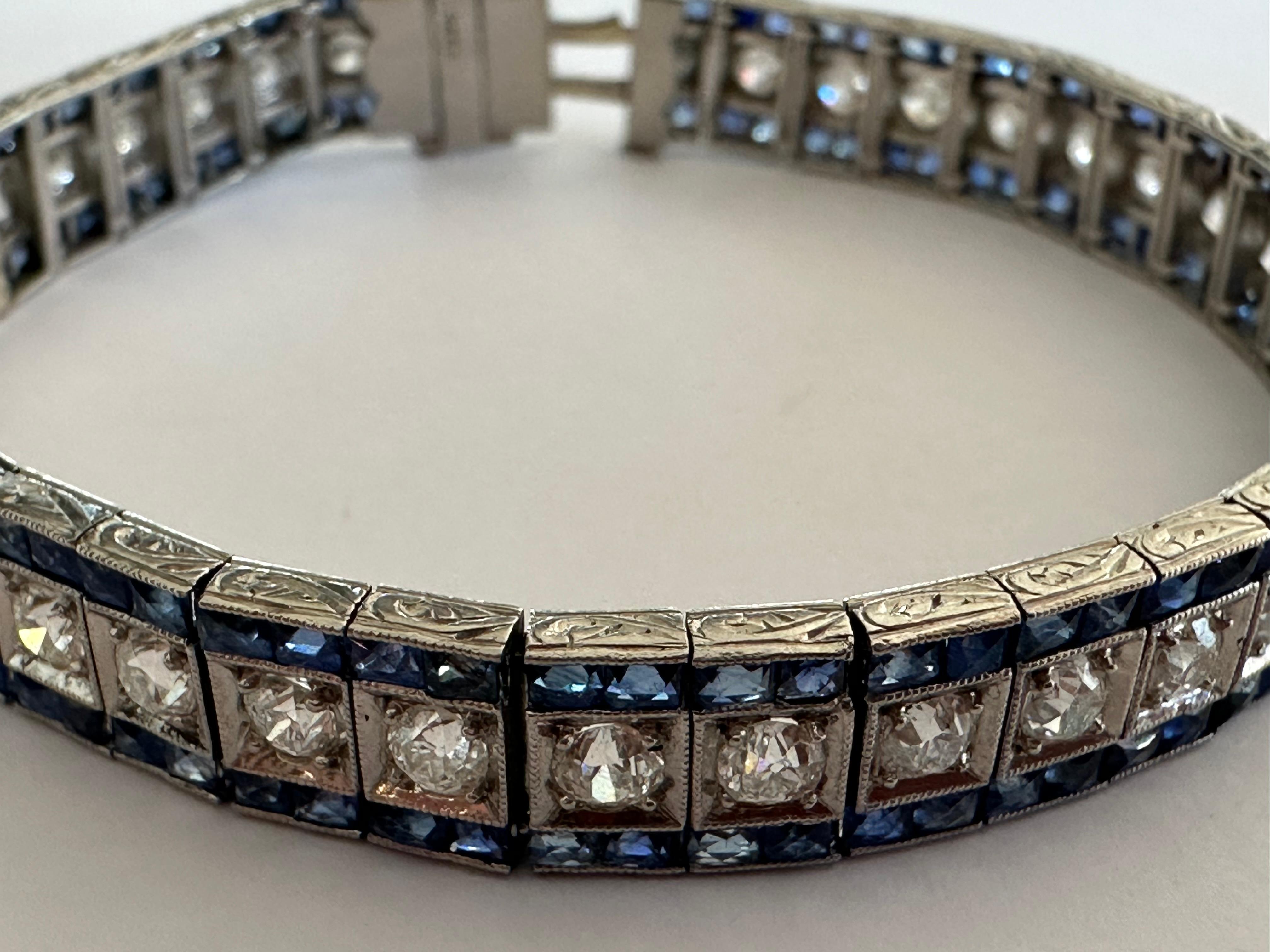 Art Deco Diamant und Blauer Saphir A Link Armband  (Alteuropäischer Schliff) im Angebot