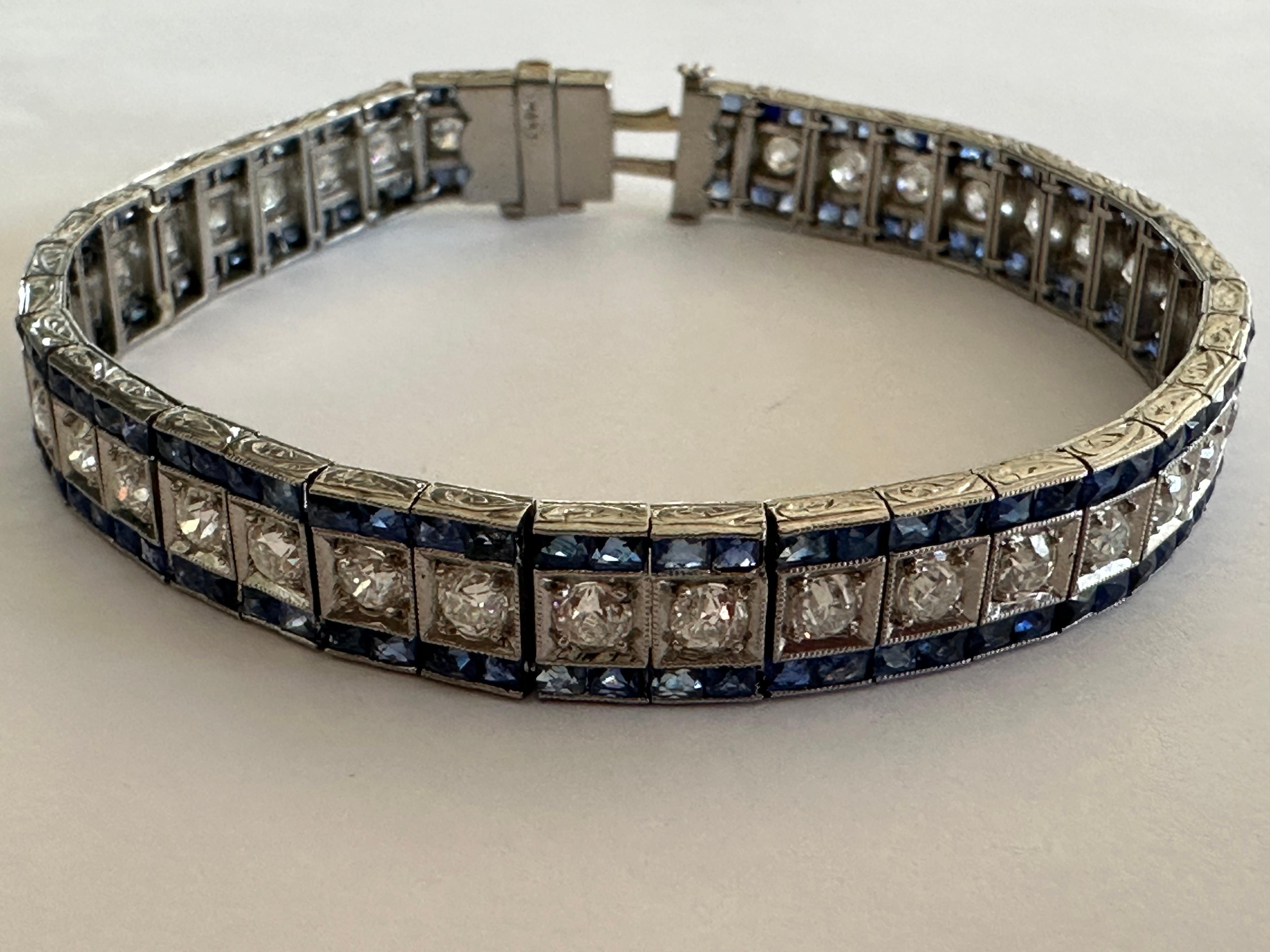 Women's Art Deco Diamond and Blue Sapphire Link Bracelet  For Sale