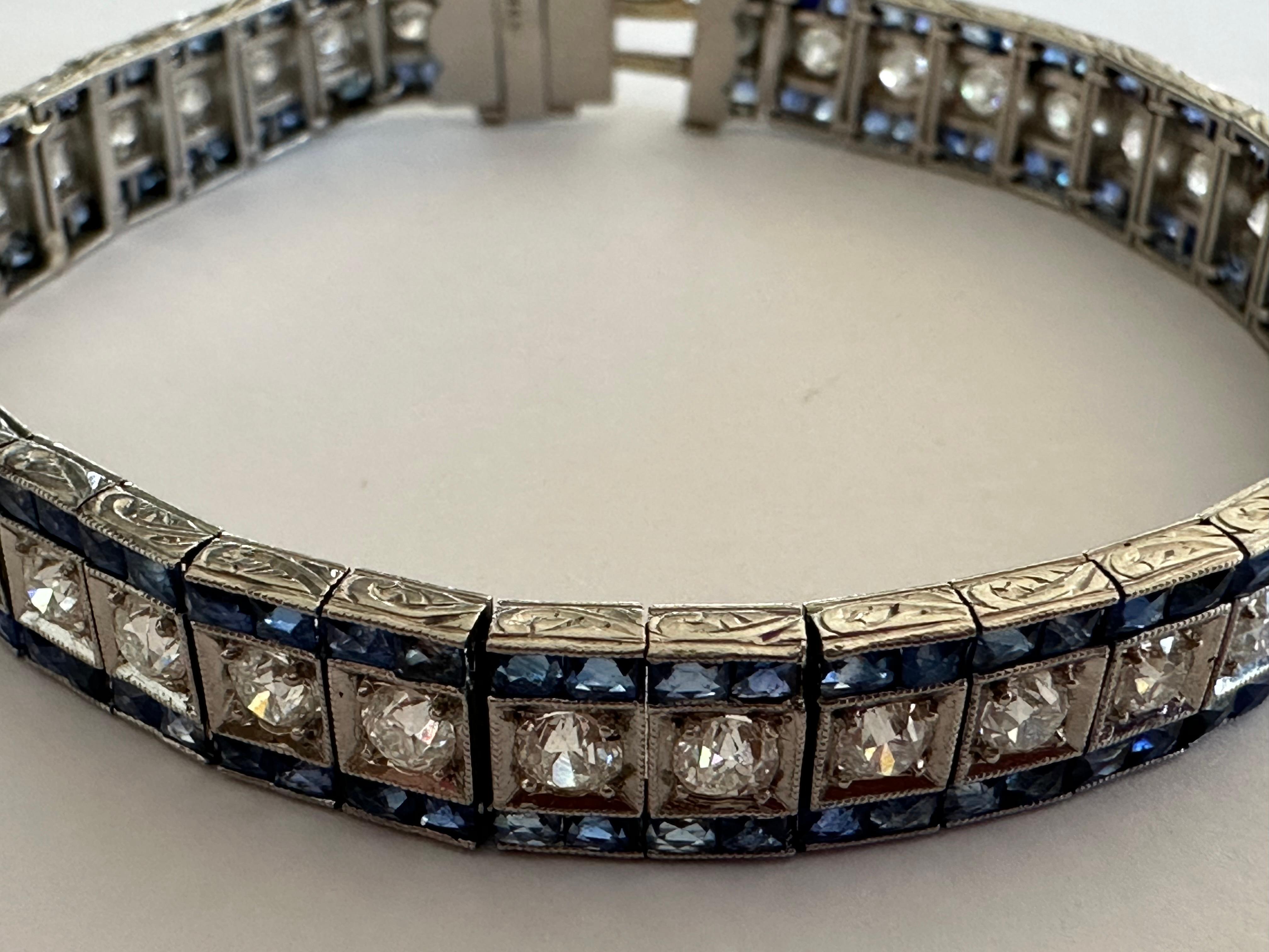 Art Deco Diamond and Blue Sapphire Link Bracelet  For Sale 1
