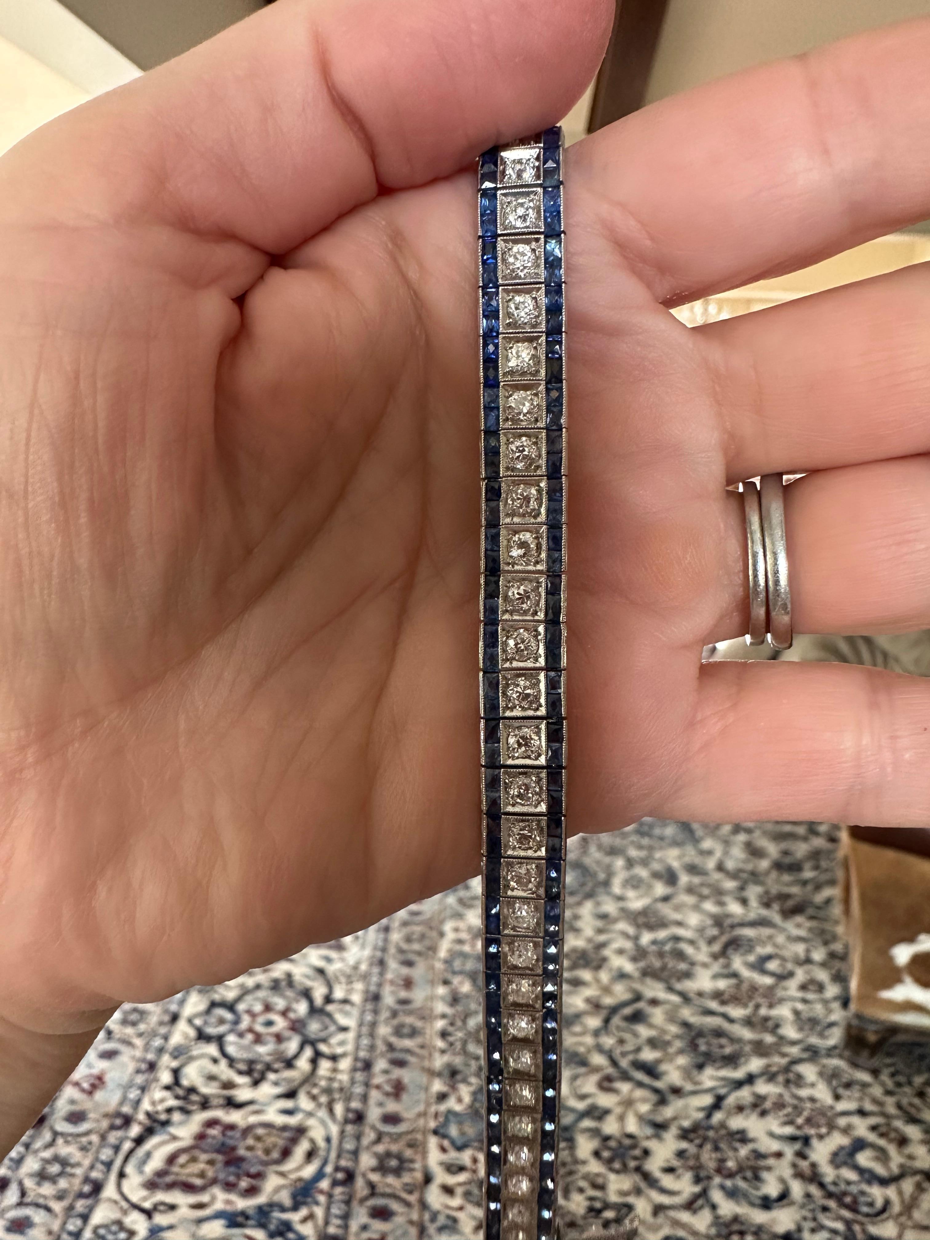 Art Deco Diamond and Blue Sapphire Link Bracelet  For Sale 4