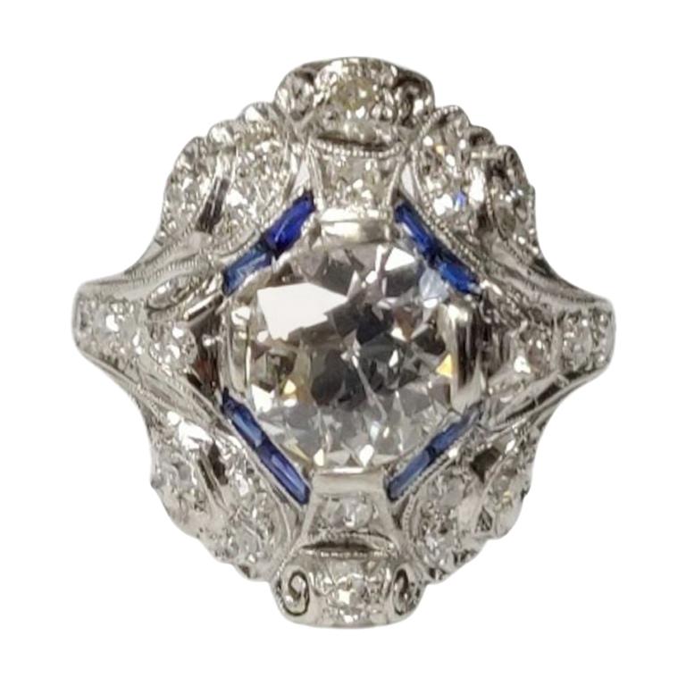 Art Deco Diamond and Blue Sapphire Ring, 1.46 Carat Old European Cut Diamond, PT