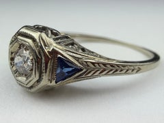 Art Deco 18K White Gold Diamond and Blue Sapphire Ring