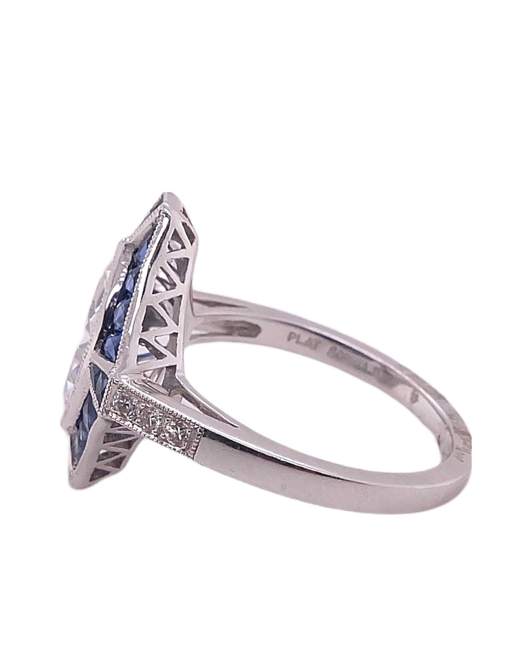 Marquise Cut Sophia D. Diamond and Blue Sapphire Art Deco Platinum Ring For Sale
