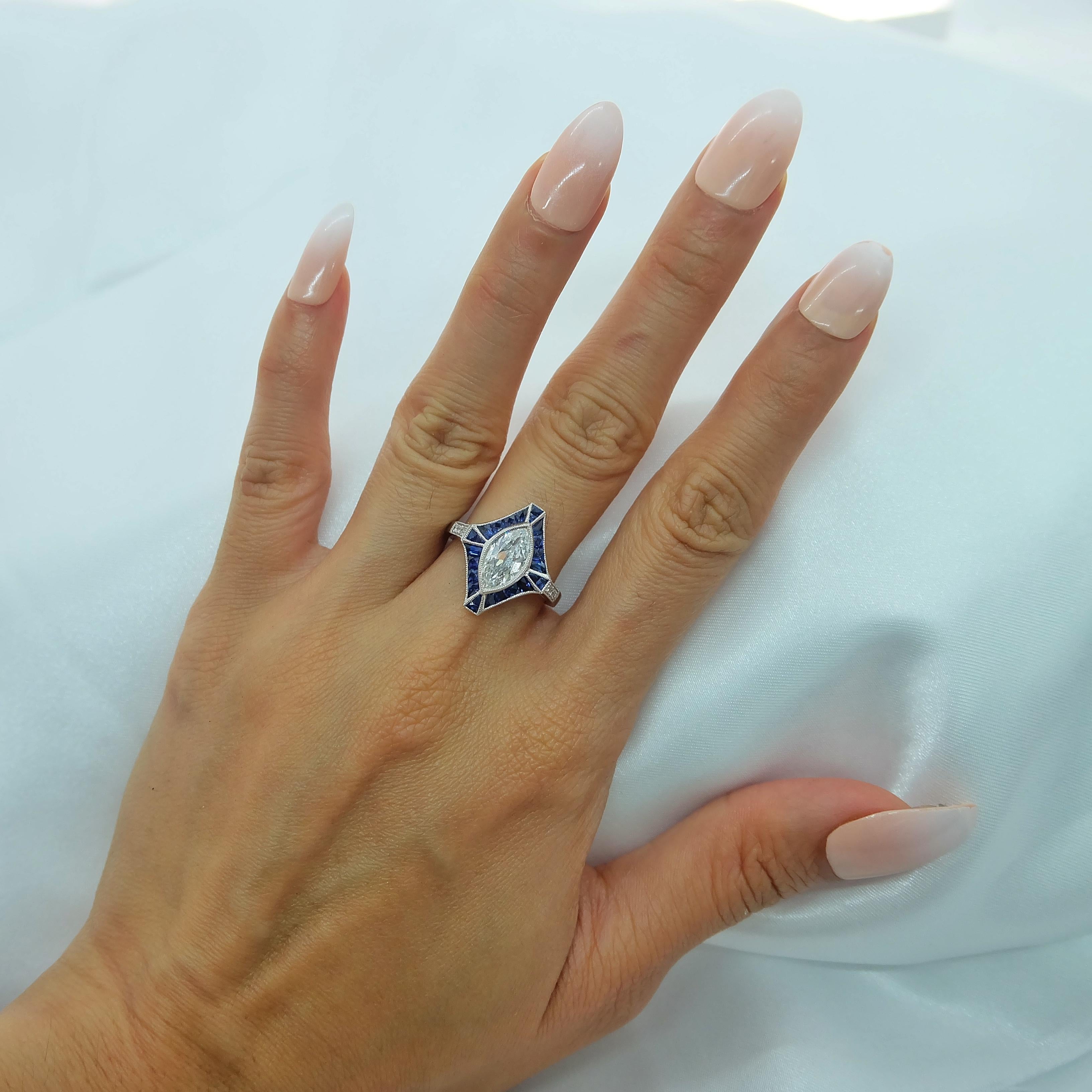 Women's or Men's Sophia D. Diamond and Blue Sapphire Art Deco Platinum Ring For Sale