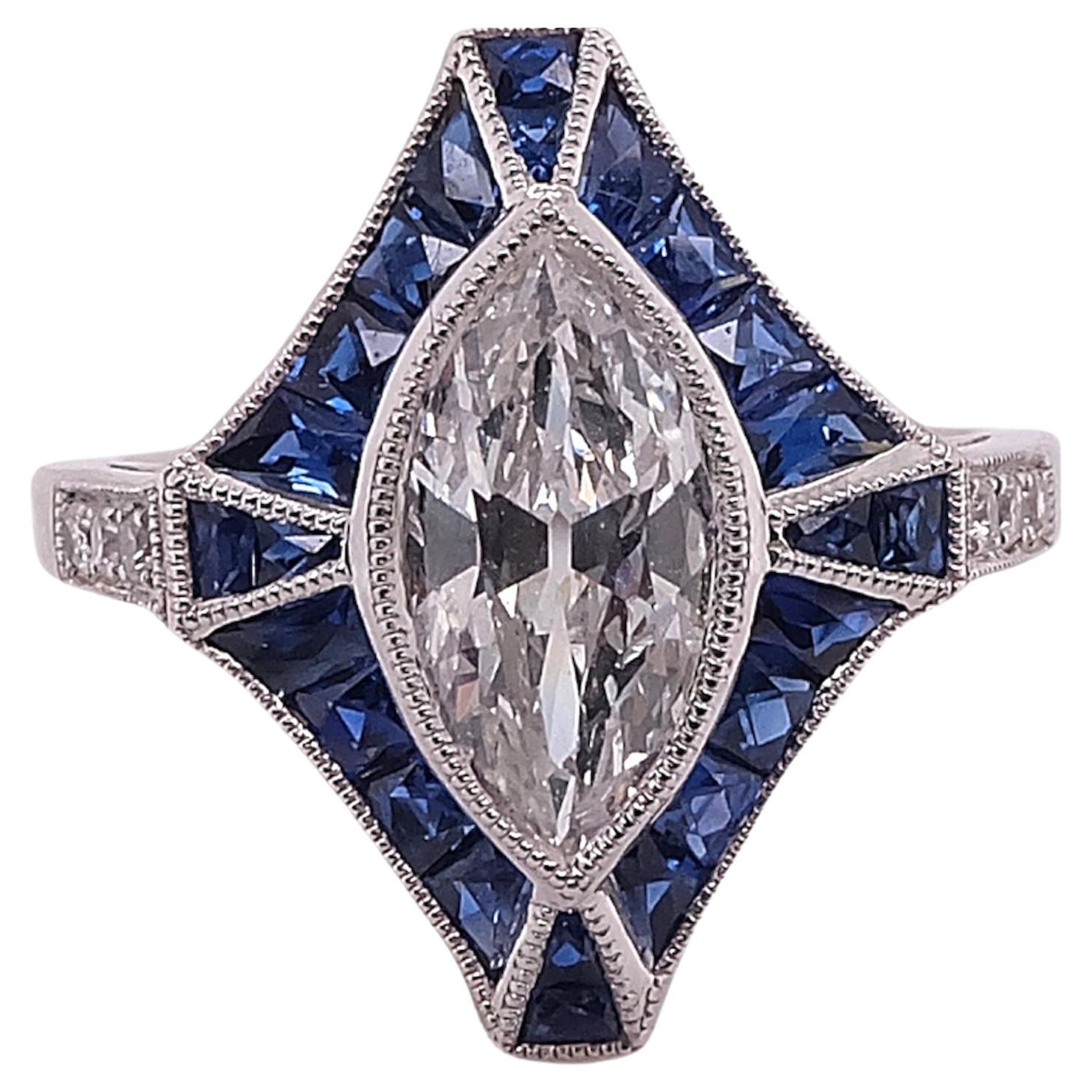 Sophia D. Bague Art déco en platine avec diamants et saphirs bleus