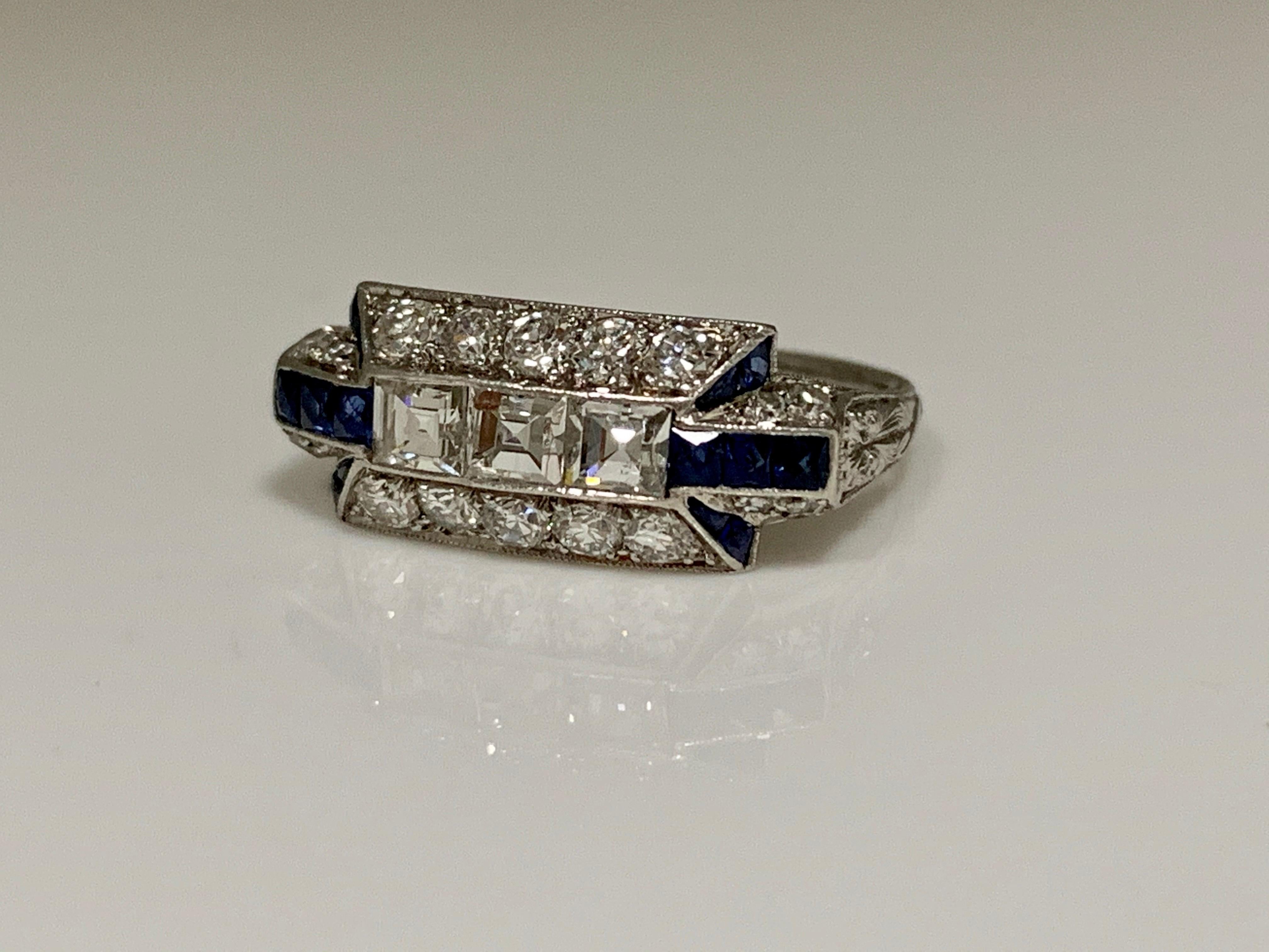 Art Deco Blue Sapphire And Diamond Ring handcrafted In Platinum. 

The details are as follows : 
Diamond weight : 1.40 carat approx  ( GH color and VS clarity ) 
Ring size : 6 
