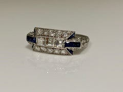 Art Deco Diamond and Blue Sapphire Ring in Platinum