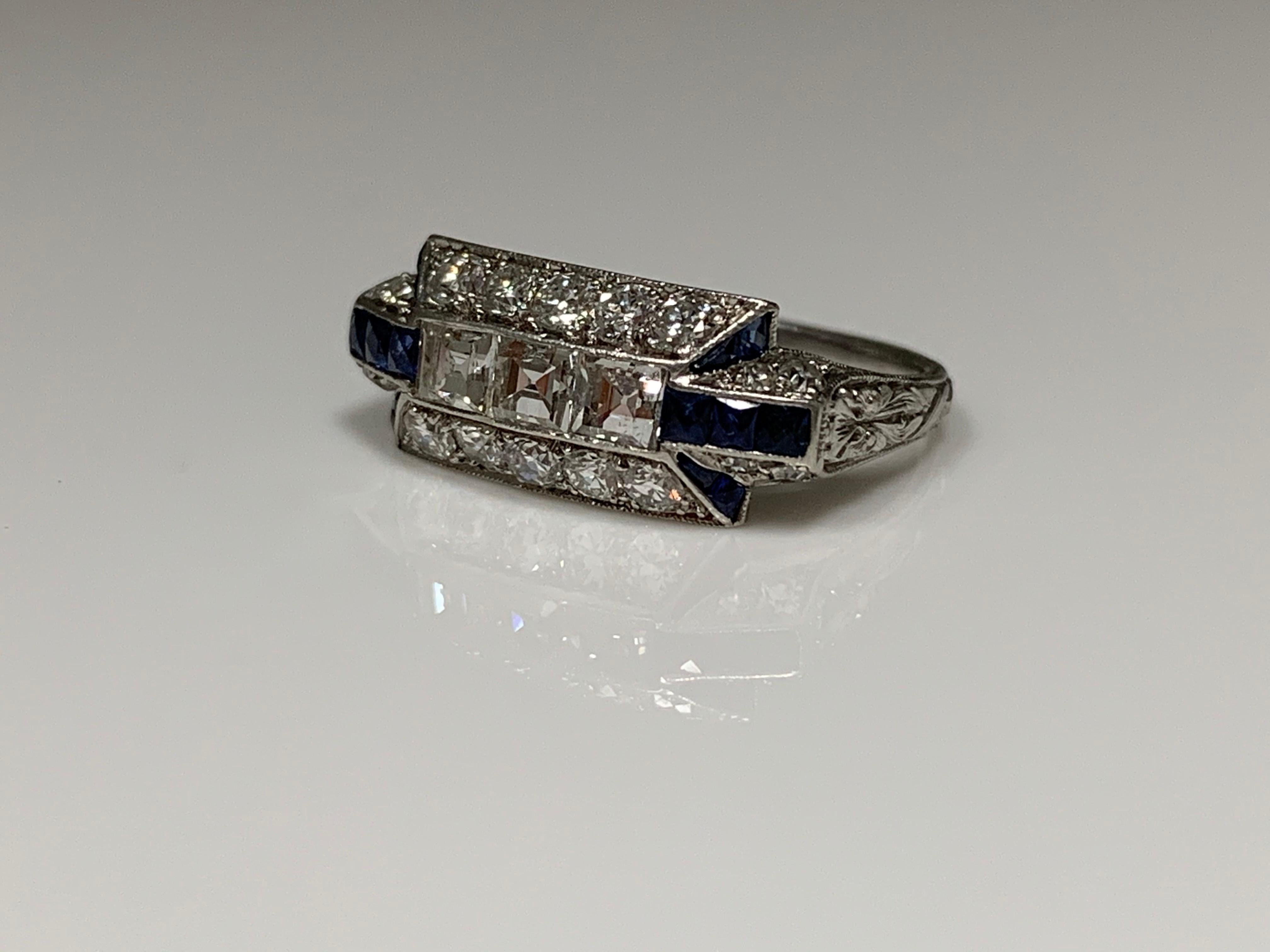 Art Deco Diamond and Blue Sapphire Ring in Platinum For Sale 3