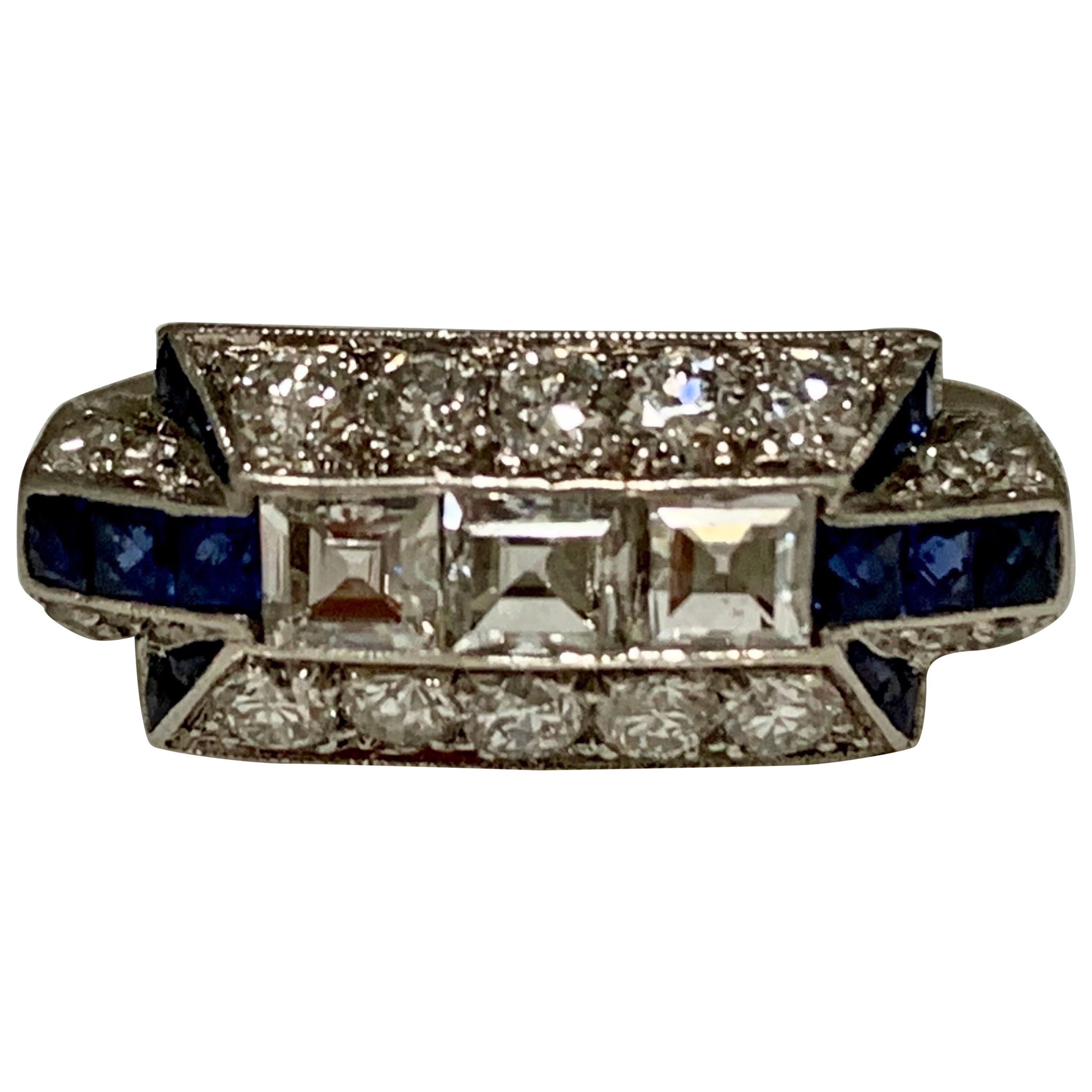 Art Deco Diamond and Blue Sapphire Ring in Platinum For Sale
