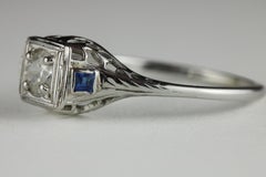 Art Deco Diamond and Blue Sapphire Three-Stone Engagement Ring