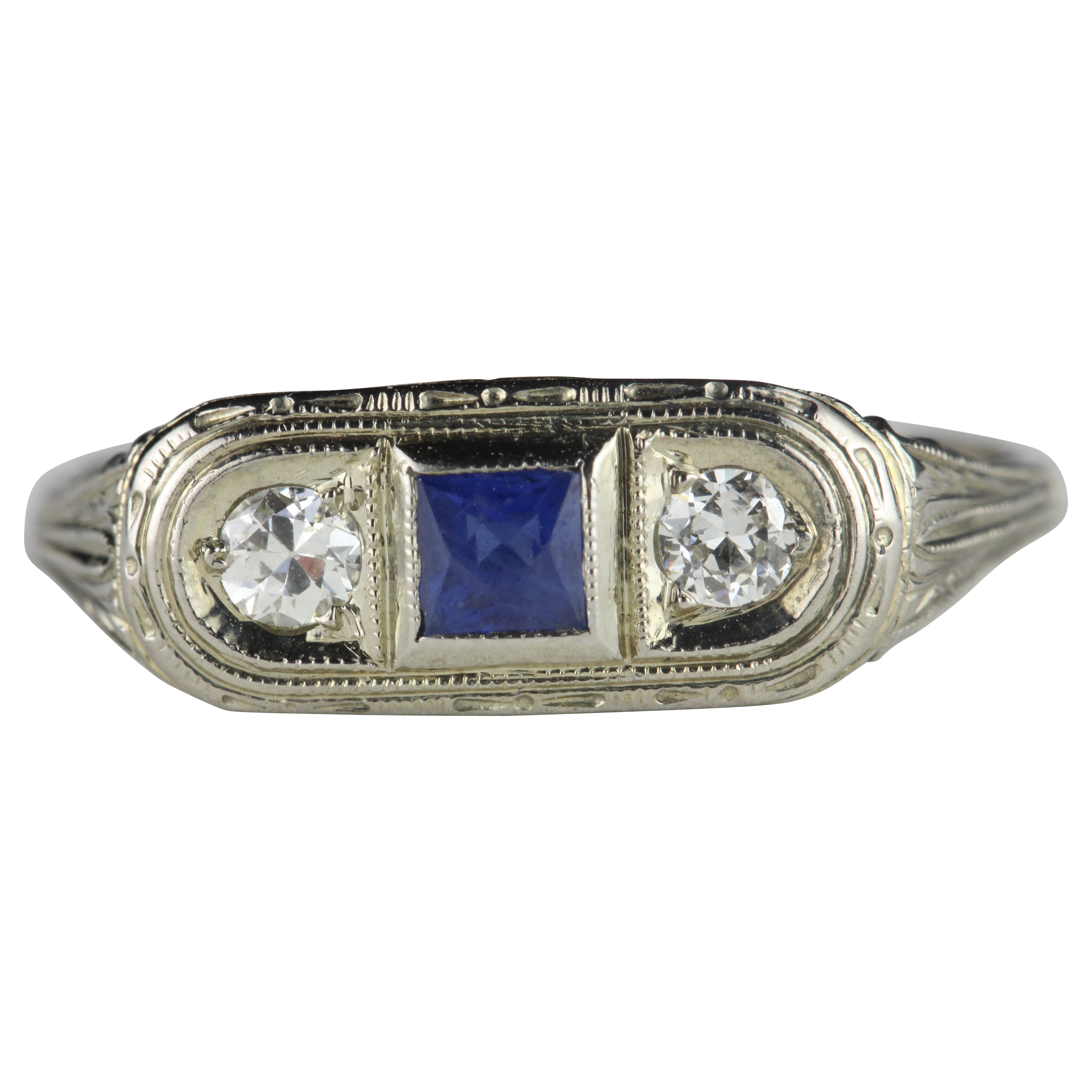 Art Deco Diamond and Blue Sapphire Three-Stone Ring