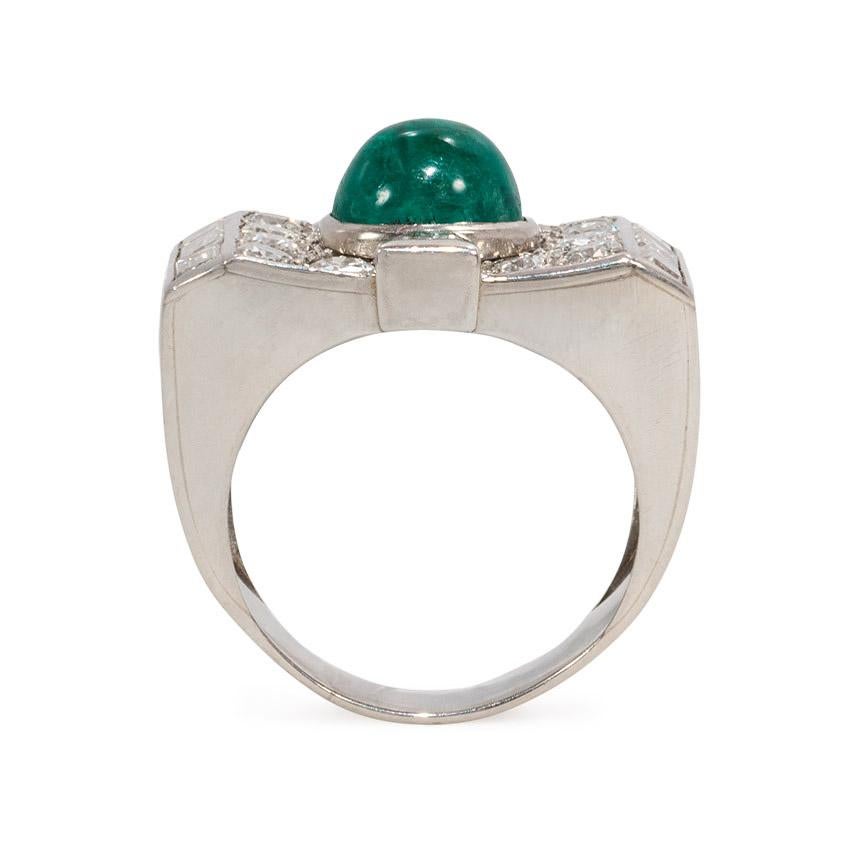 Mixed Cut Art Deco Diamond and Cabochon Emerald Ring in Platinum