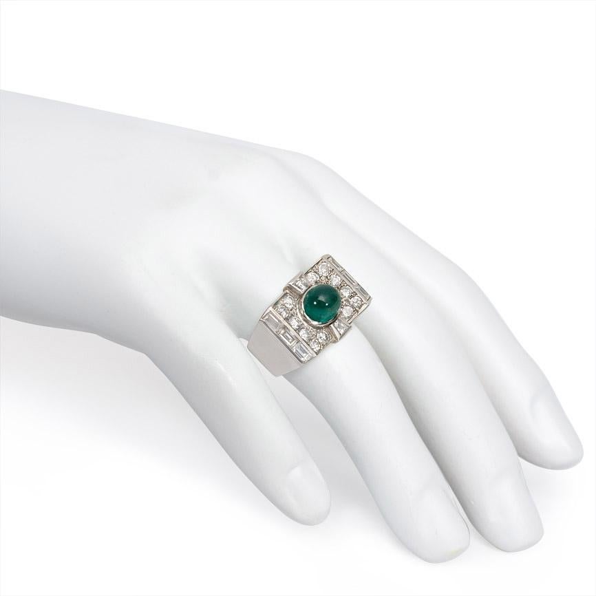 Art Deco Diamond and Cabochon Emerald Ring in Platinum In Good Condition In New York, NY